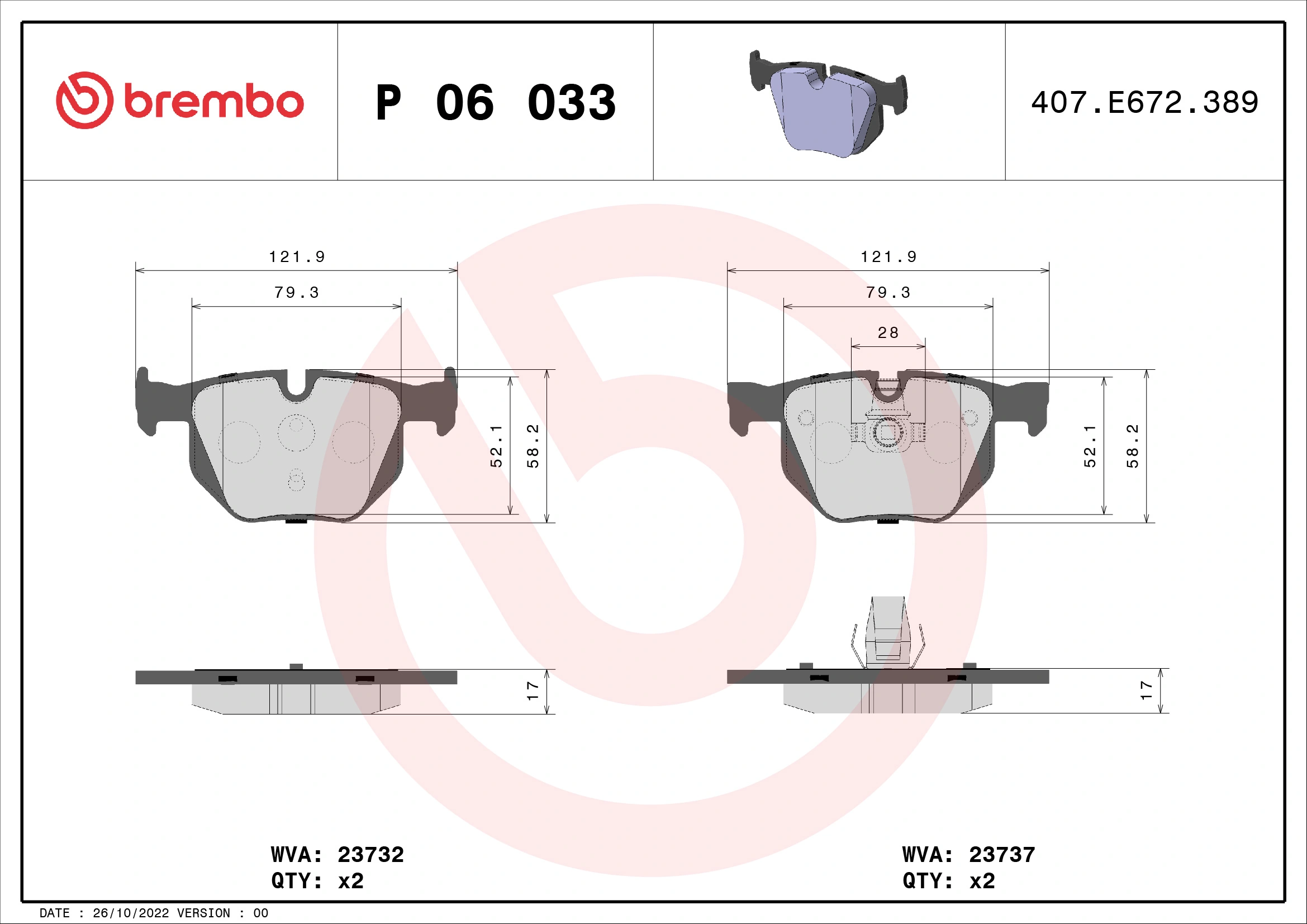 Kit de plaquettes de frein, frein à disque BREMBO P 06 033