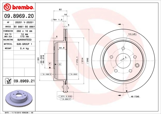 Disque de frein BREMBO 09.8969.21