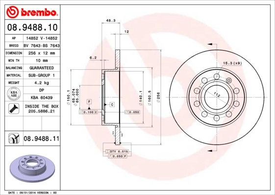 BREMBO 08.9488.11 — Диск гальмівний SEAT, SKODA SUPERB, VW CADDY, GOLF задн. (вир-во BREMBO)