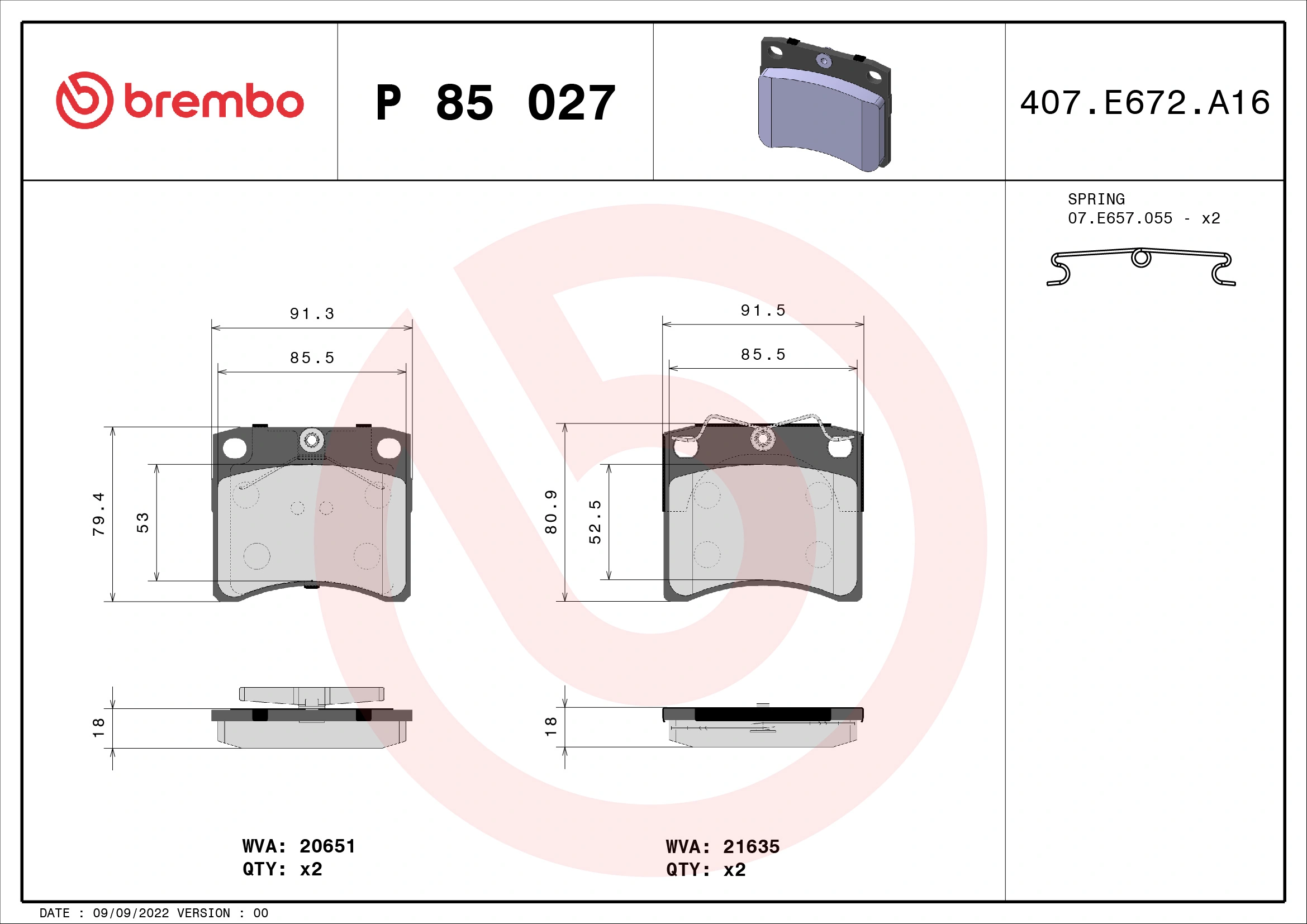 Kit de plaquettes de frein, frein à disque BREMBO P 85 027