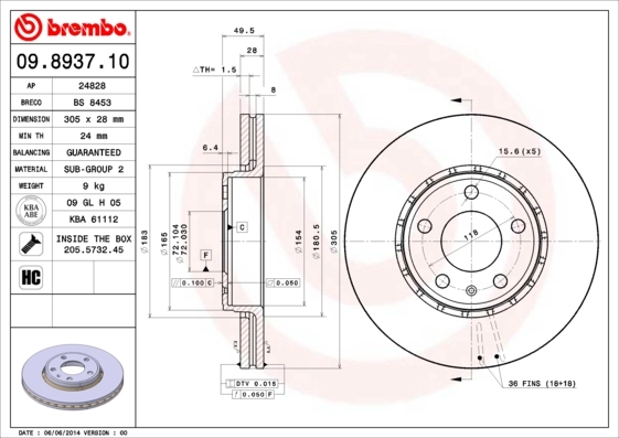 Disque de frein BREMBO 09.8937.11