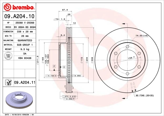 BREMBO 09.A204.11 — Диск гальмівний TOYOTA LAND CRUISER передн., вент. (вир-во BREMBO)