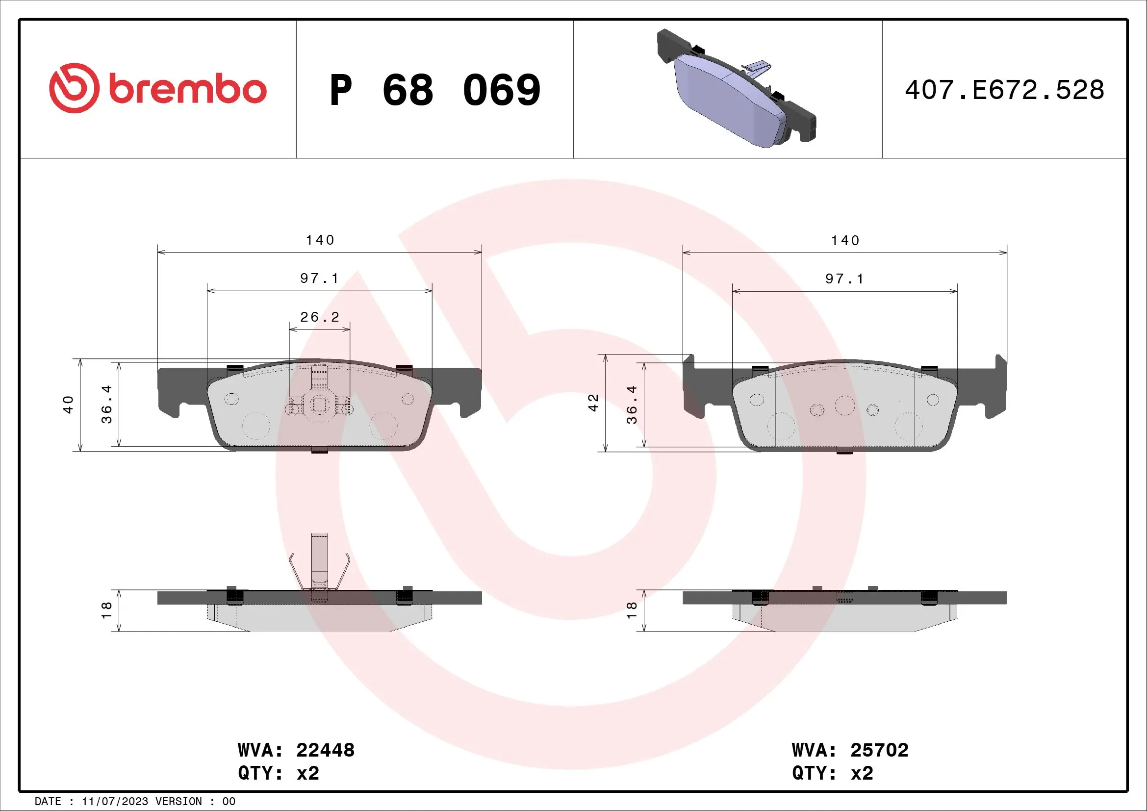 Kit de plaquettes de frein, frein à disque BREMBO P 68 069