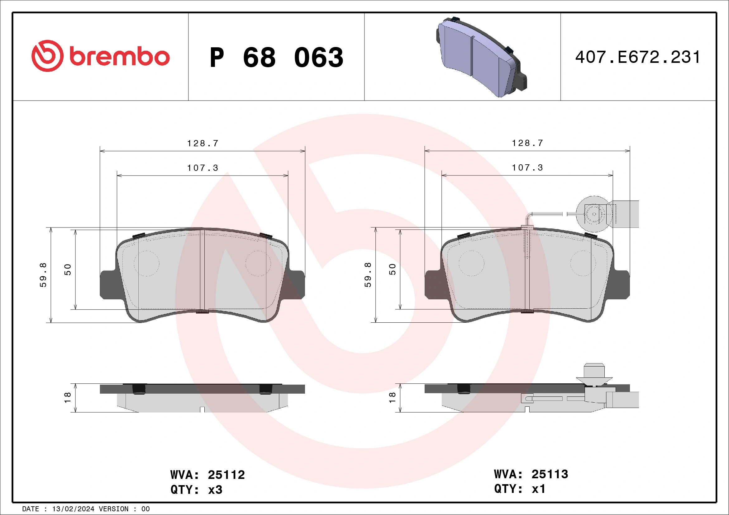 Kit de plaquettes de frein, frein à disque BREMBO P 68 063