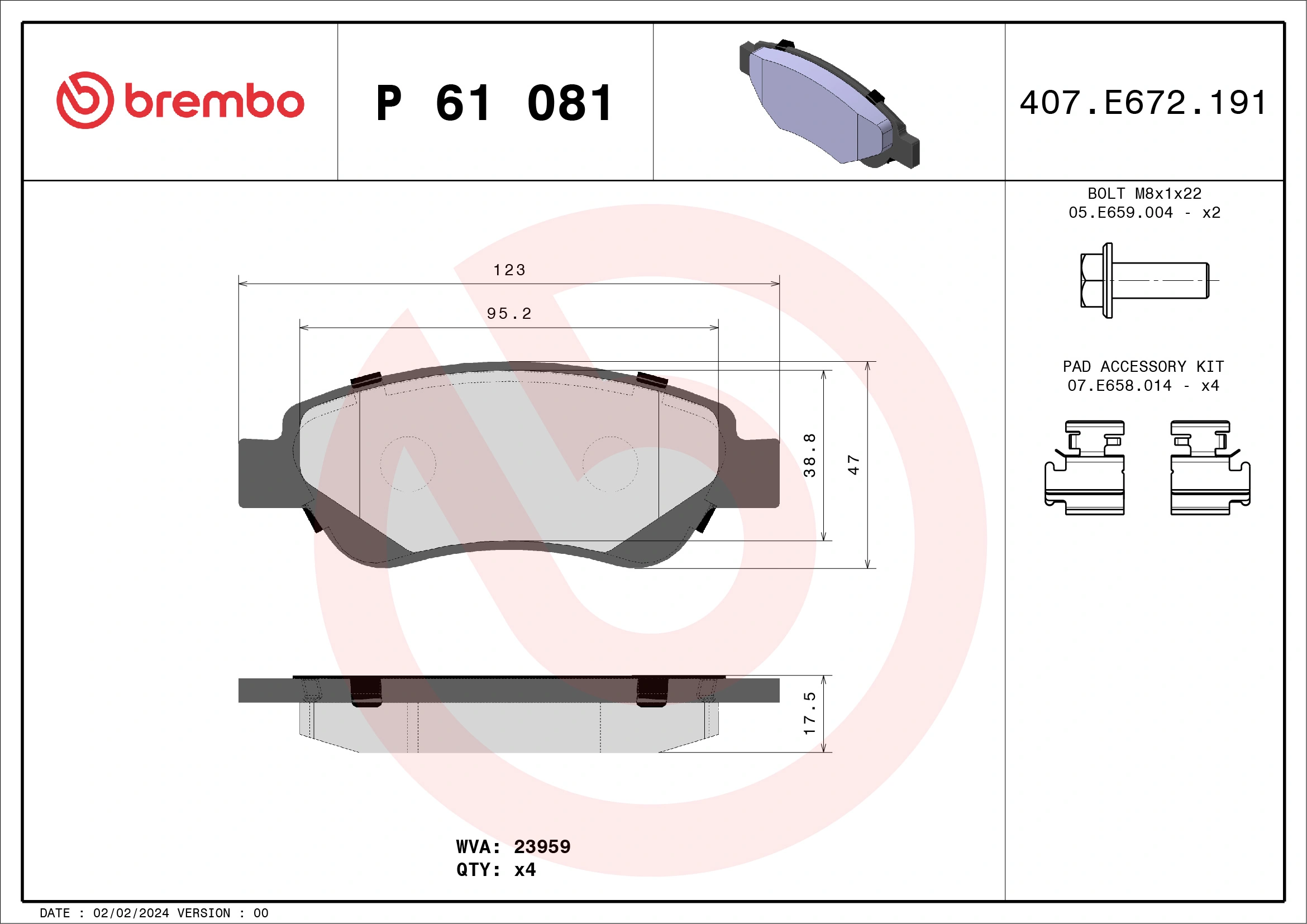 Kit de plaquettes de frein, frein à disque BREMBO P 61 081