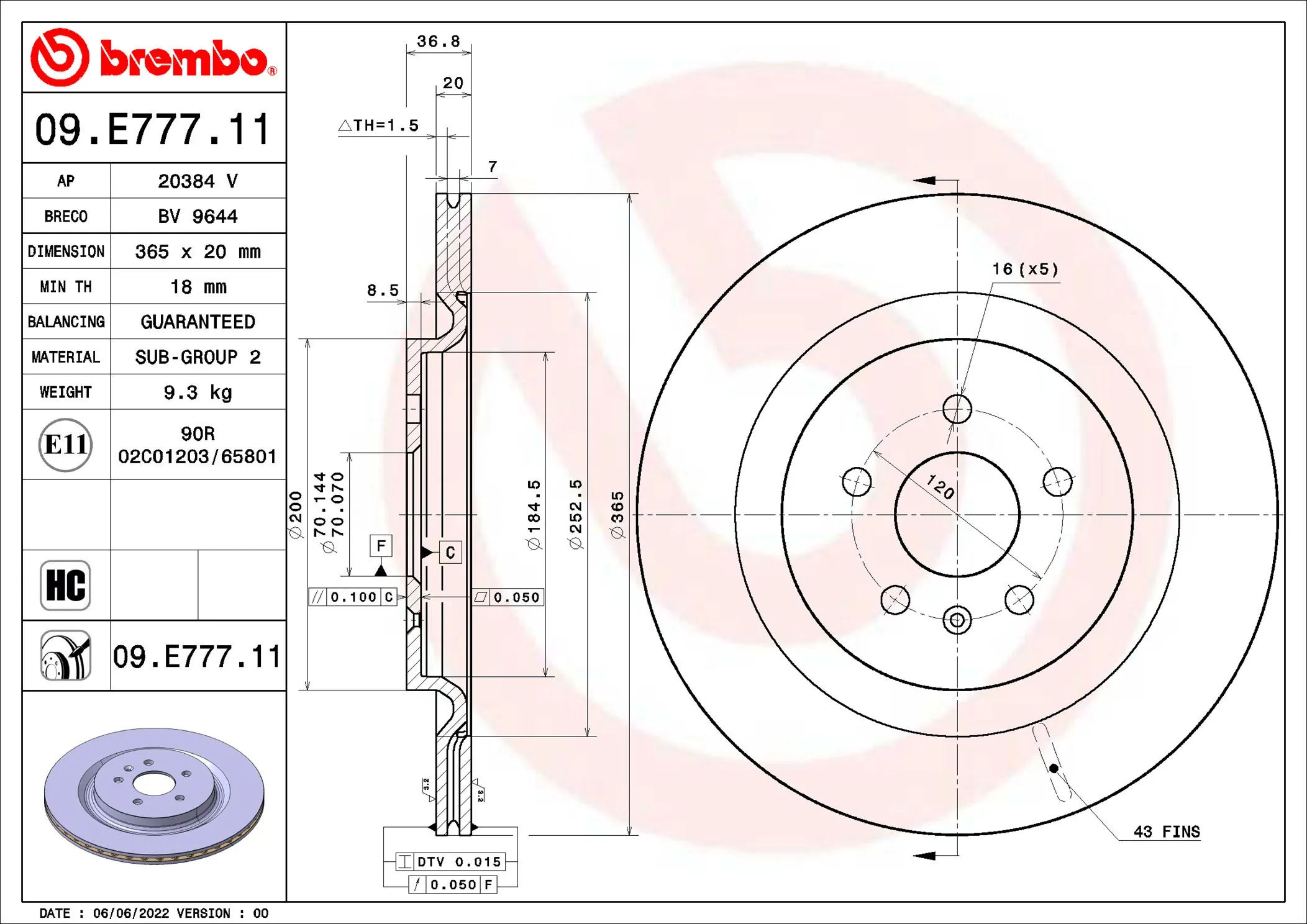 Disque de frein BREMBO 09.E777.11