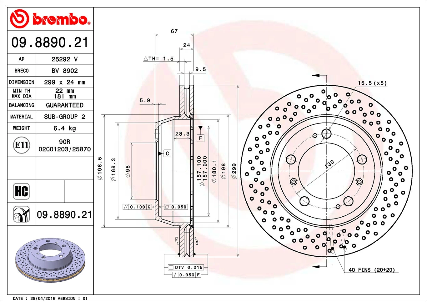 Disque de frein BREMBO 09.8890.21
