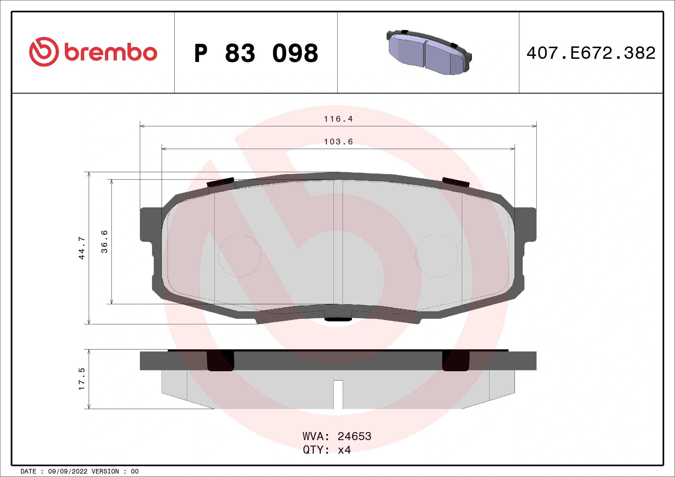 Kit de plaquettes de frein, frein à disque BREMBO P 83 098