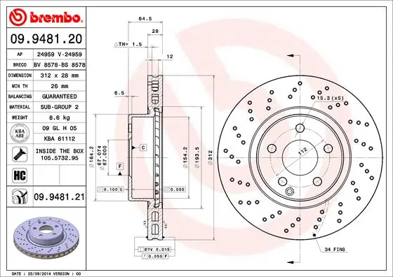 Disque de frein BREMBO 09.9481.21
