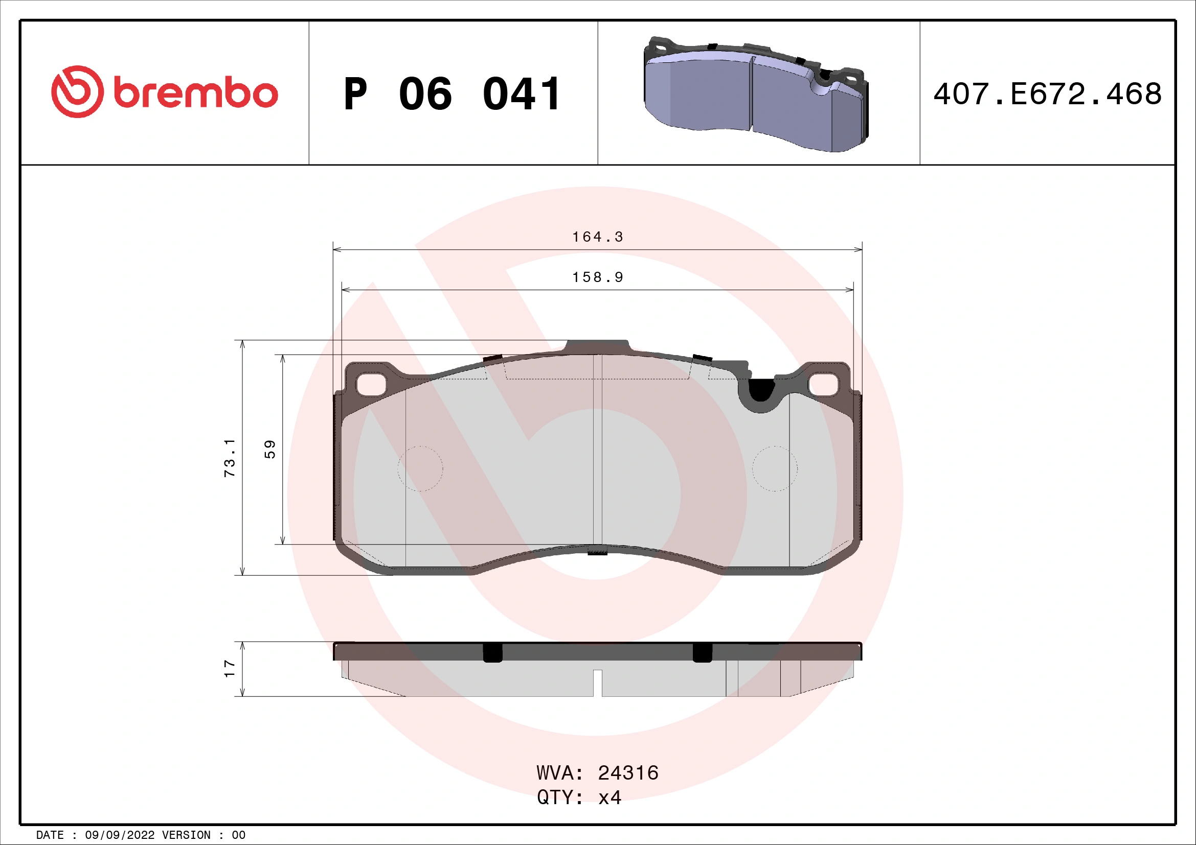 Kit de plaquettes de frein, frein à disque BREMBO P 06 041