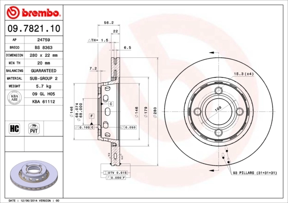Disque de frein BREMBO 09.7821.10