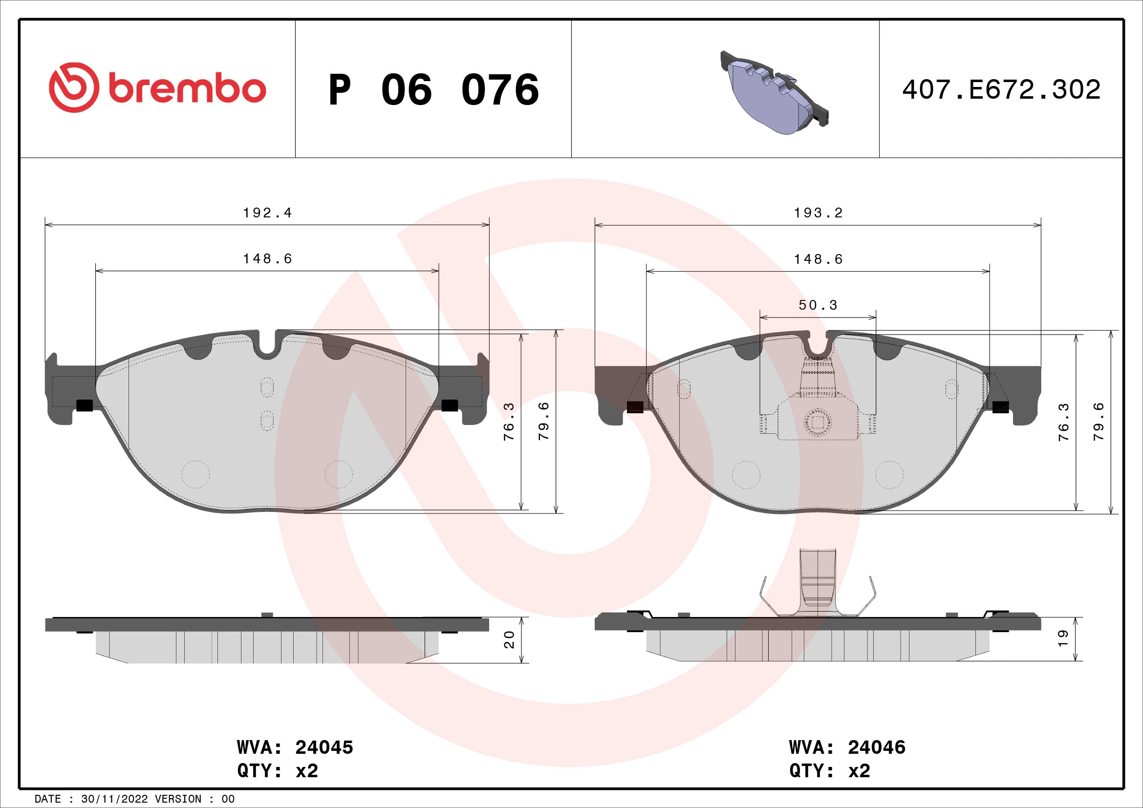 Kit de plaquettes de frein, frein à disque BREMBO P 06 076