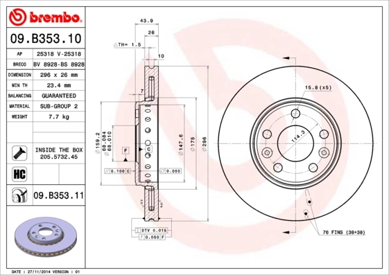 Disque de frein BREMBO 09.B353.11