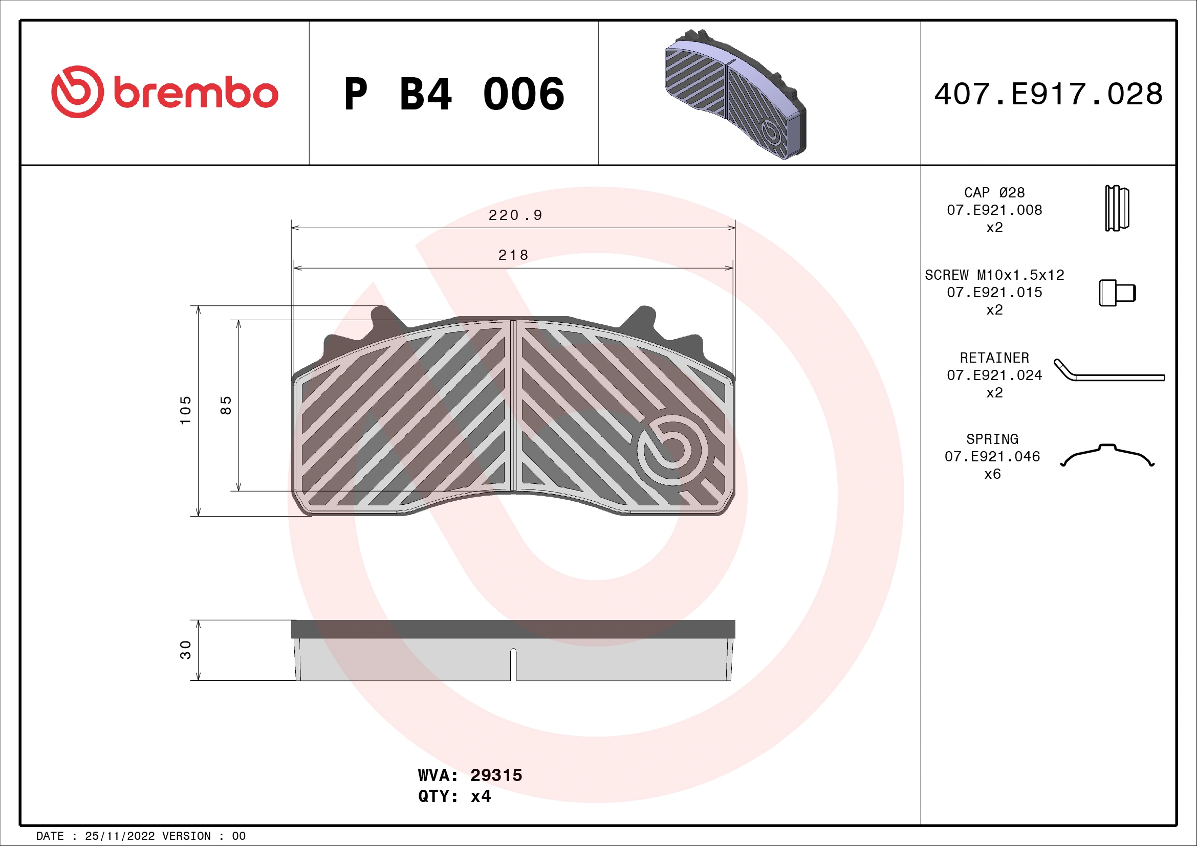 Kit de plaquettes de frein, frein à disque BREMBO P B4 006