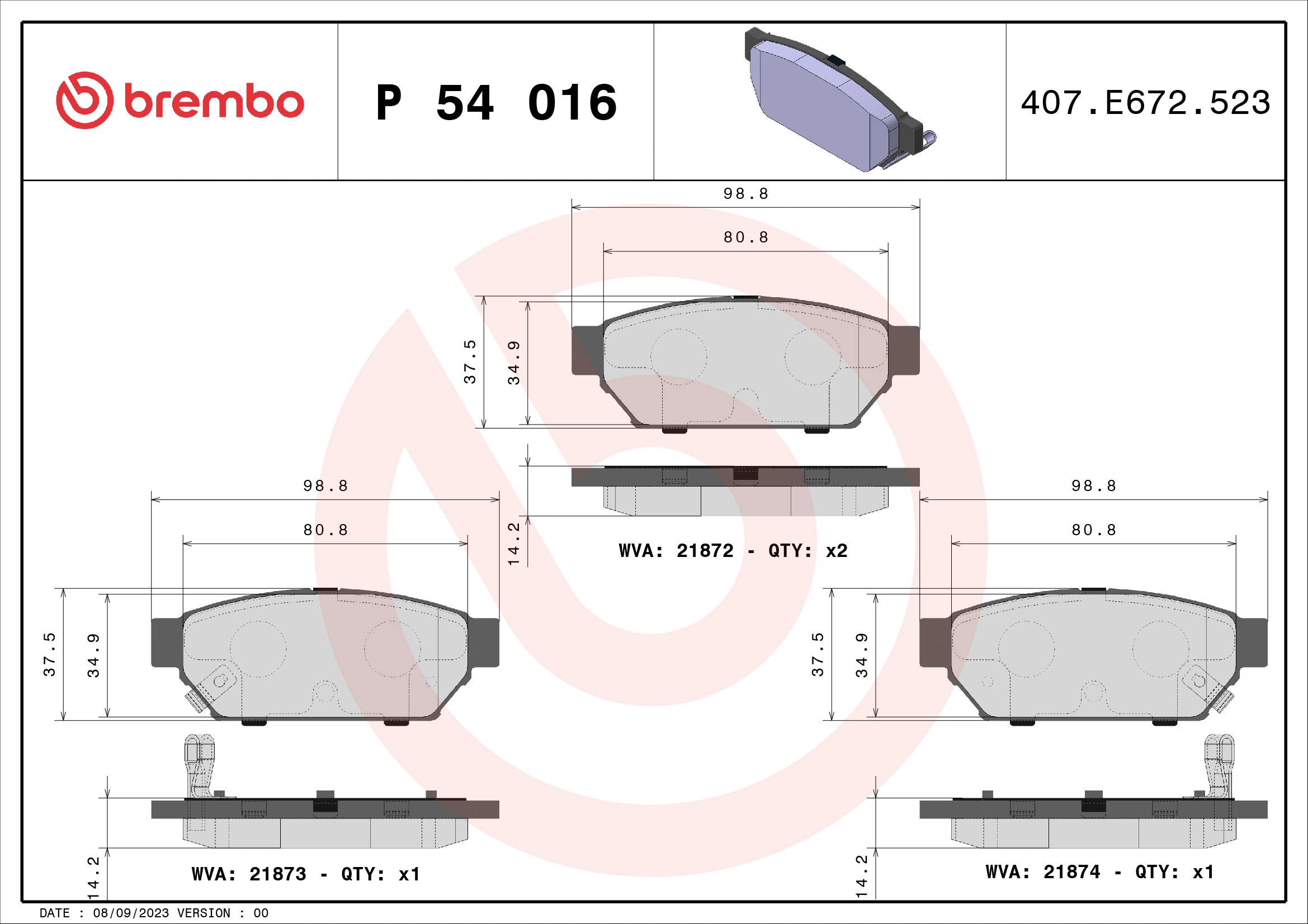 Kit de plaquettes de frein, frein à disque BREMBO P 54 016