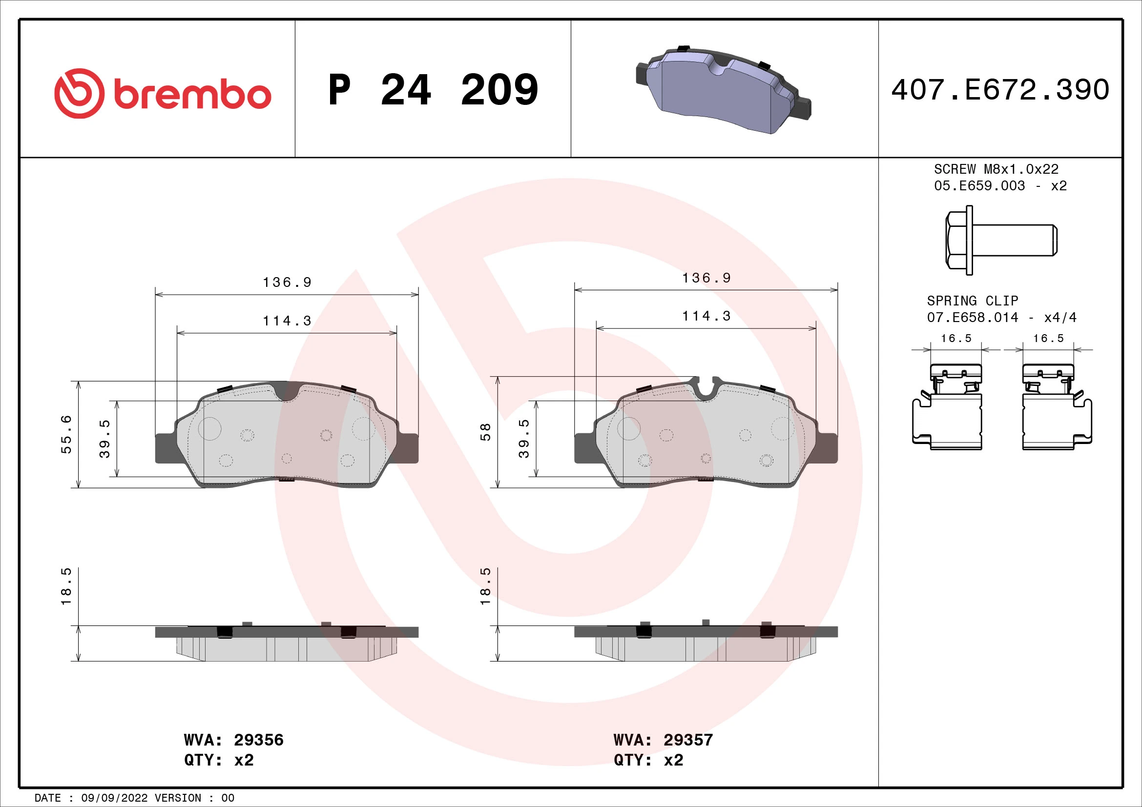 Kit de plaquettes de frein, frein à disque BREMBO P 24 209
