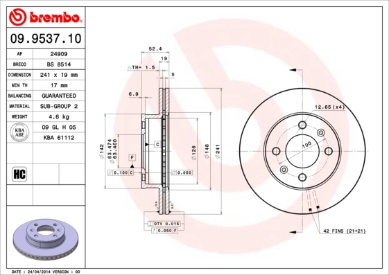 Disque de frein BREMBO 09.9537.10