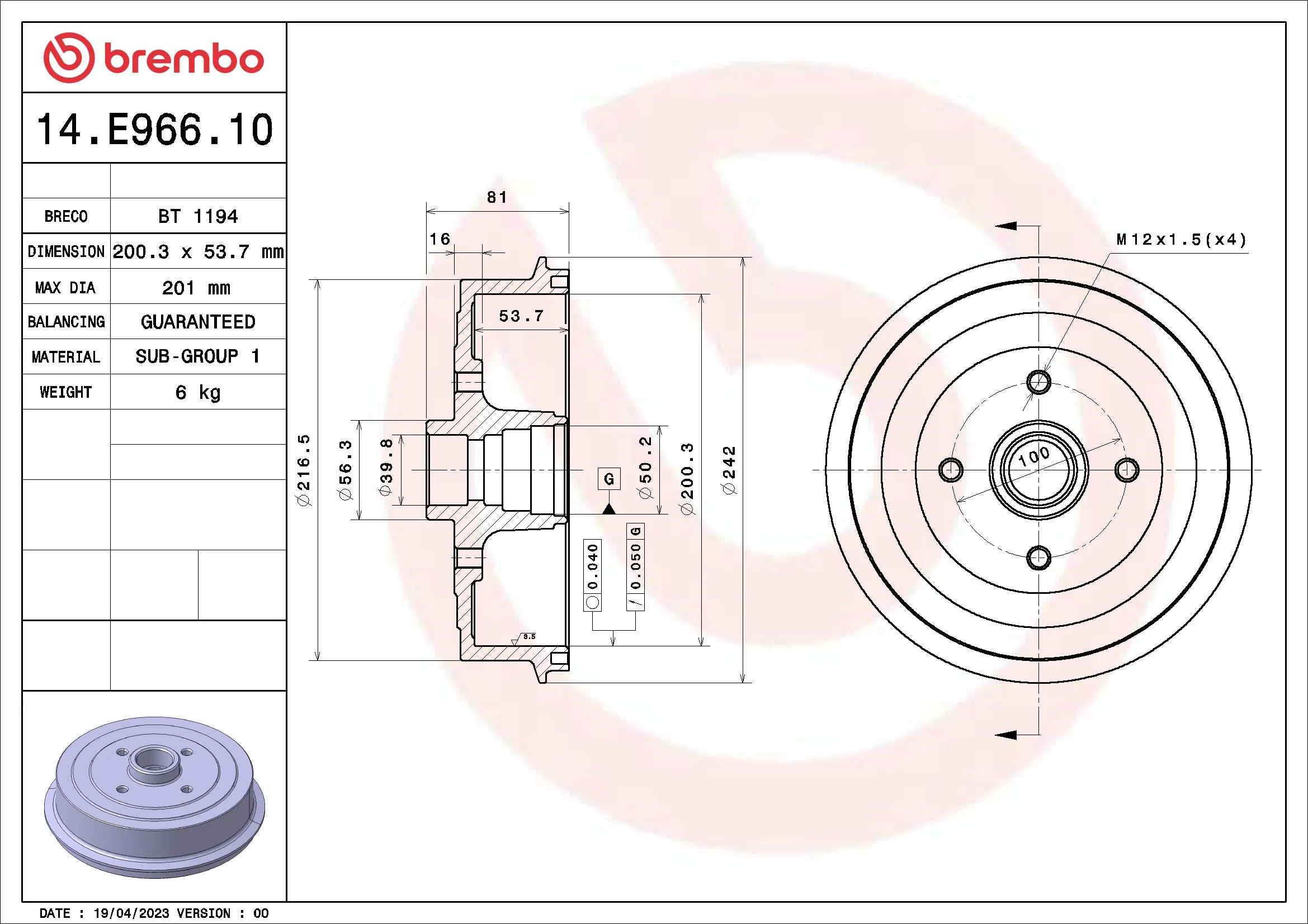 Tambour de frein BREMBO 14.E966.10