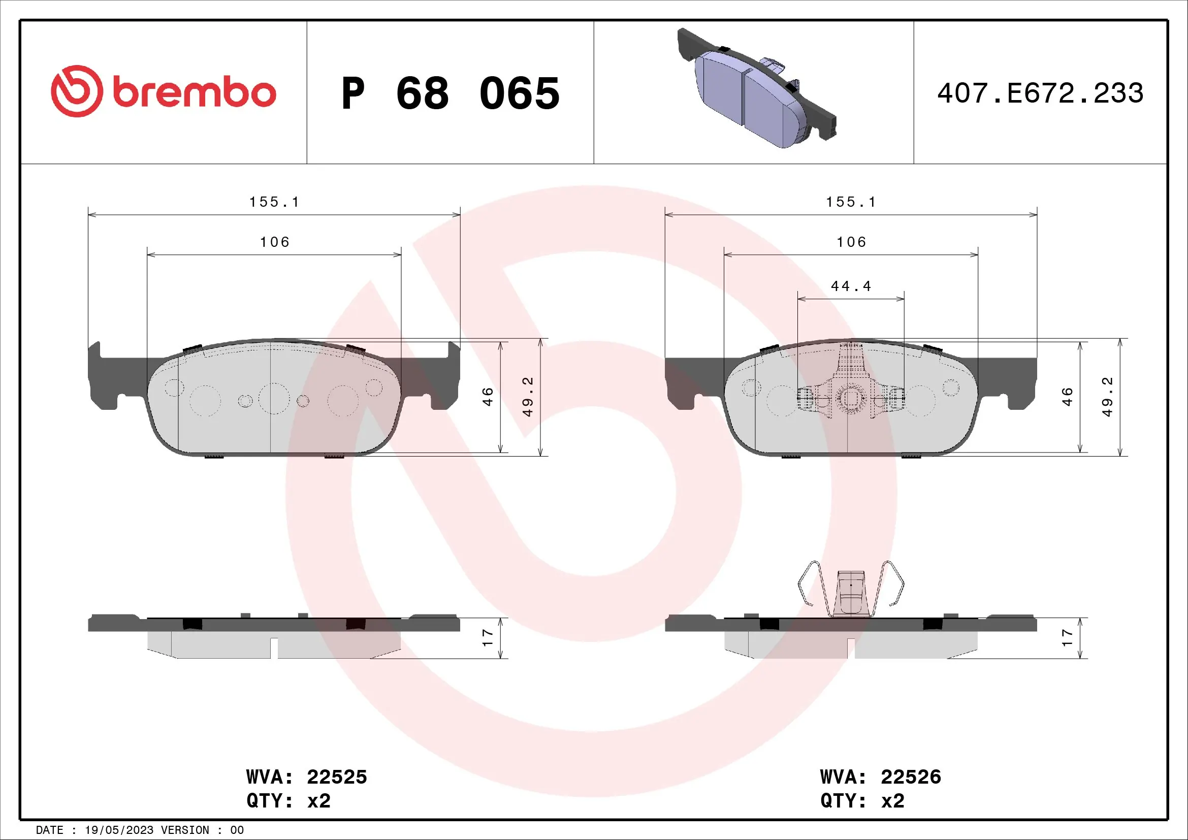 Kit de plaquettes de frein, frein à disque BREMBO P 68 065X