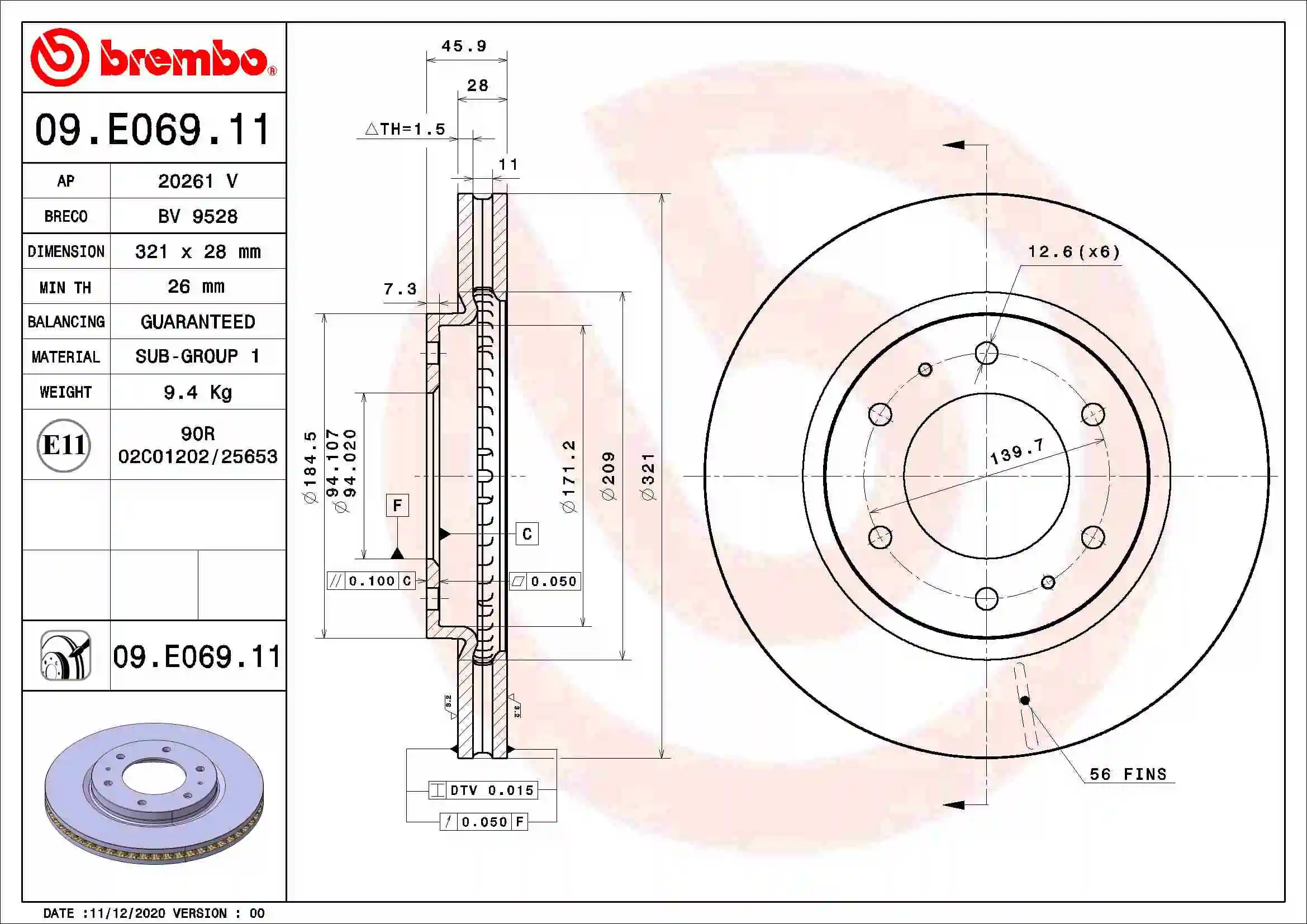 Disque de frein BREMBO 09.E069.11