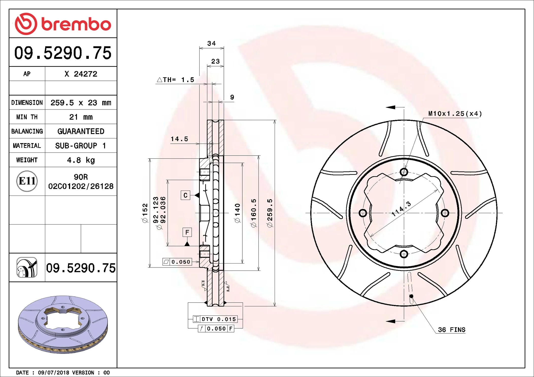 Disque de frein BREMBO 09.5290.75