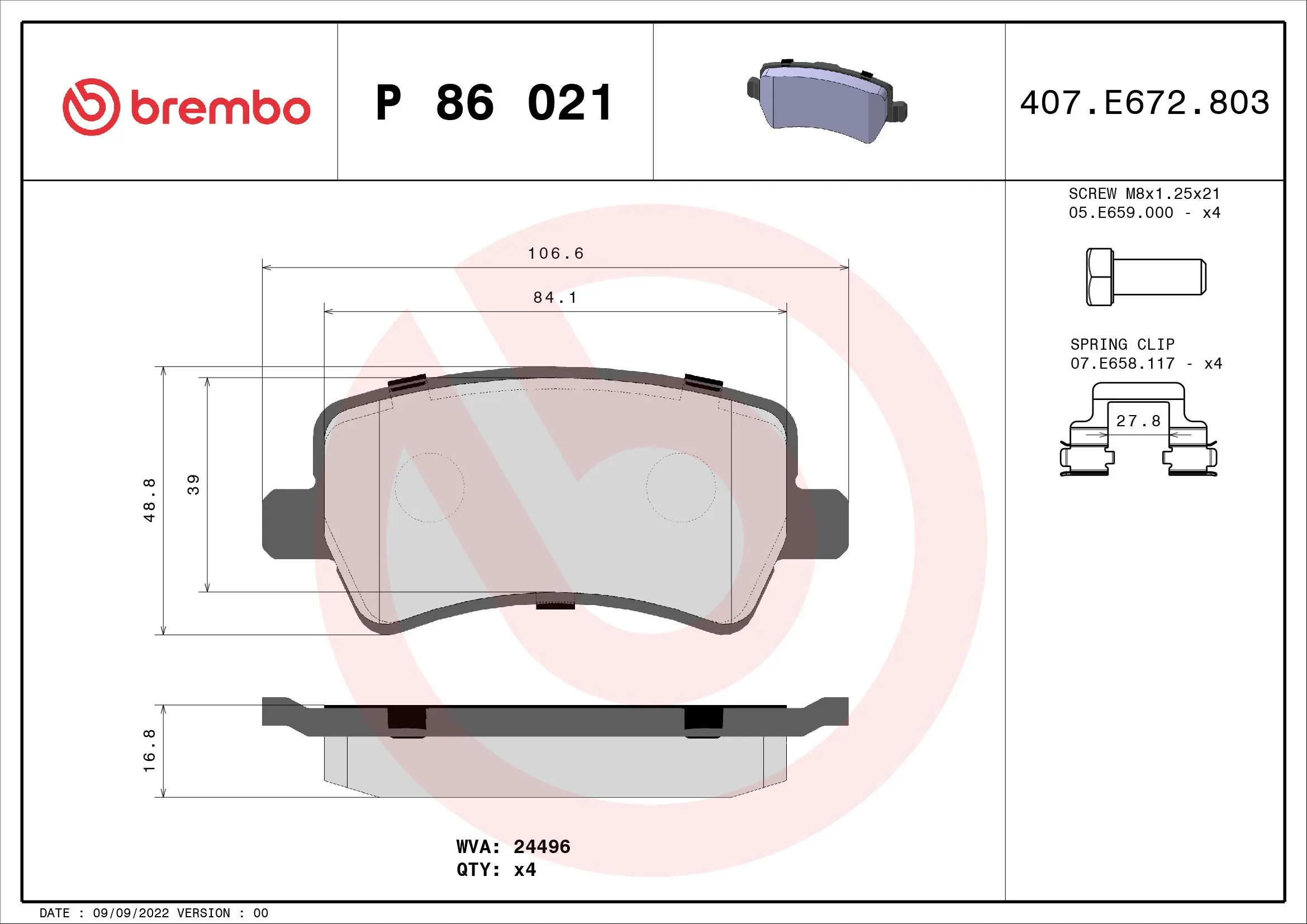 Kit de plaquettes de frein, frein à disque BREMBO P 86 021