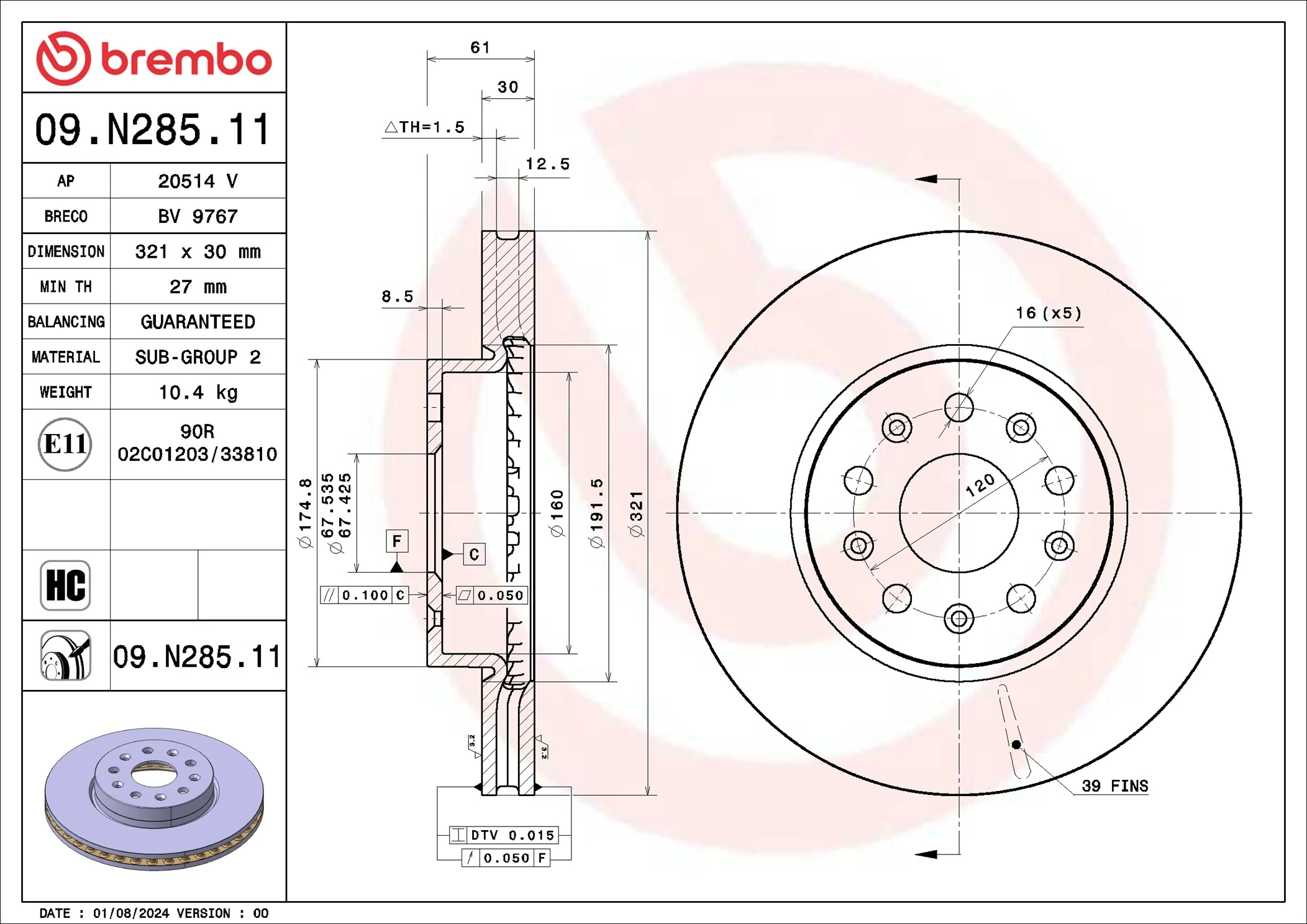 Disque de frein BREMBO 09.N285.11