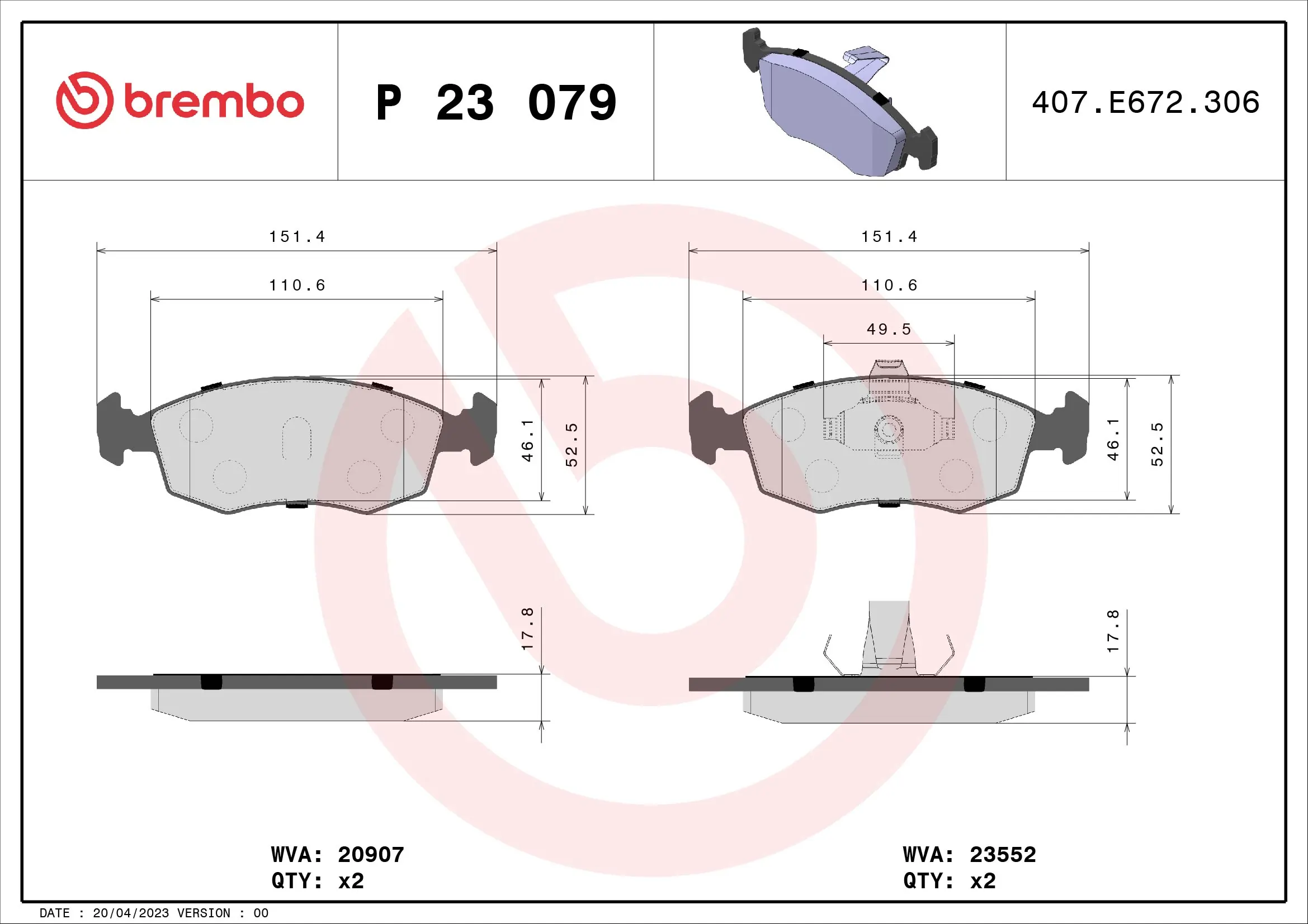 Kit de plaquettes de frein, frein à disque BREMBO P 23 079