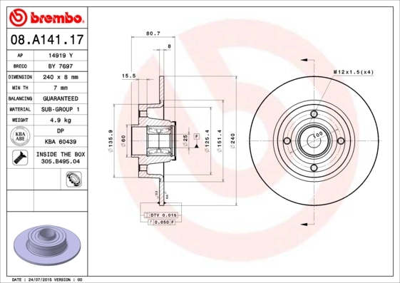 BREMBO 08.A141.17 — Диск гальмівний