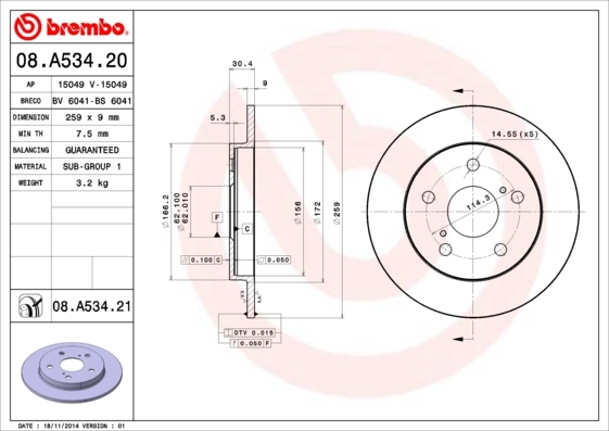 BREMBO 08.A534.21 — Диск гальмівний TOYOTA AURIS 1.4-1.6 07- задн. (вир-во BREMBO)