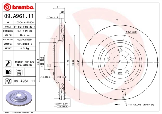 BREMBO 09.A961.11 — Диск гальмівний