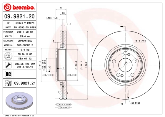 Disque de frein BREMBO 09.9821.21