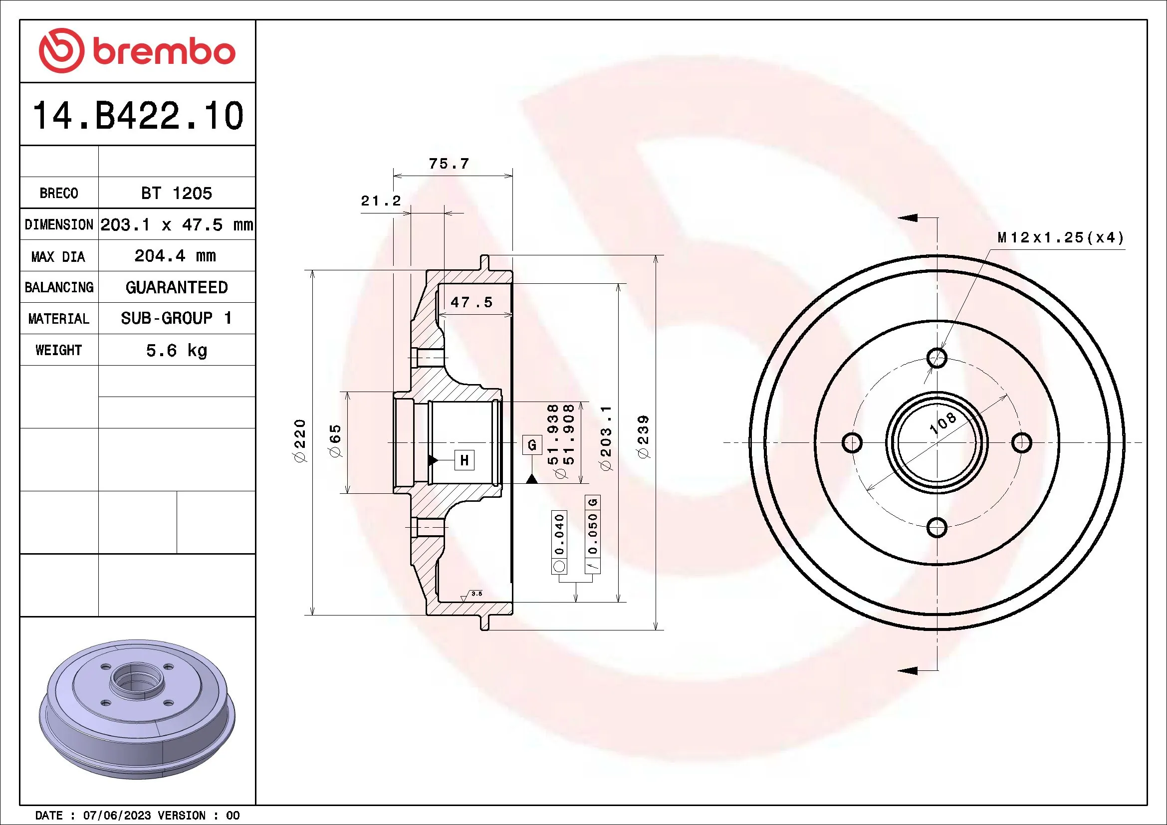Tambour de frein BREMBO 14.B422.10