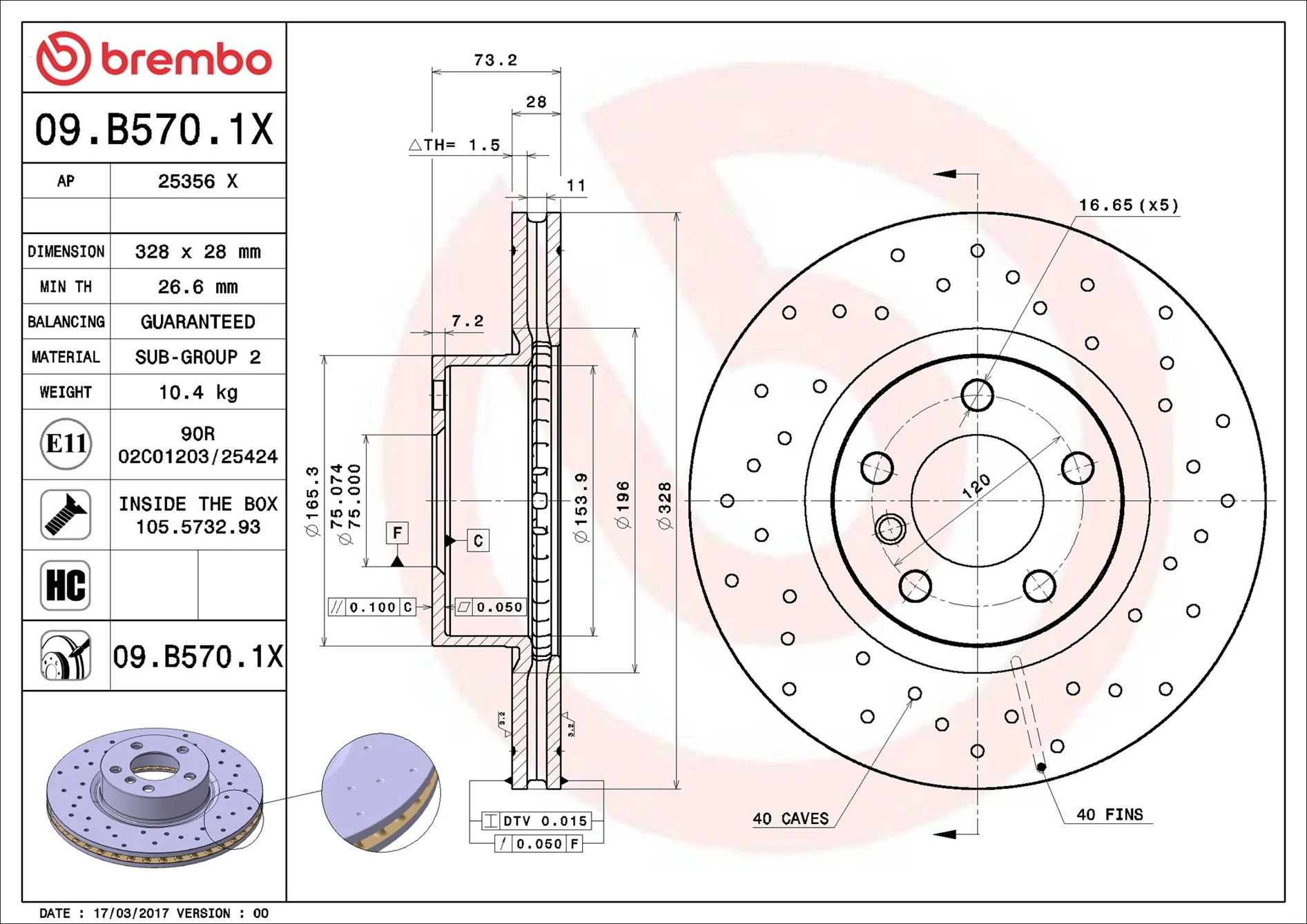 Disque de frein BREMBO 09.B570.1X