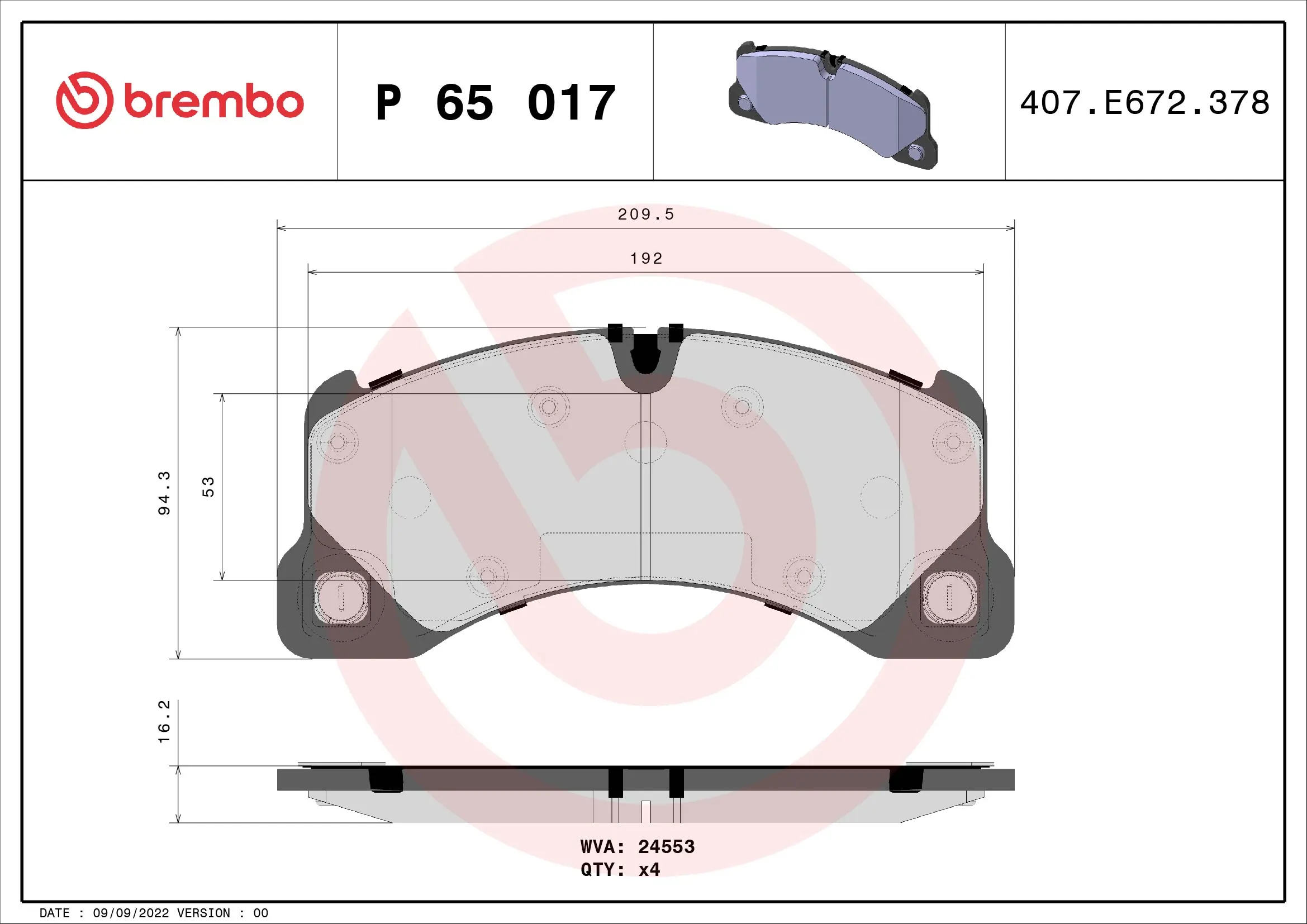 Kit de plaquettes de frein, frein à disque BREMBO P 65 017