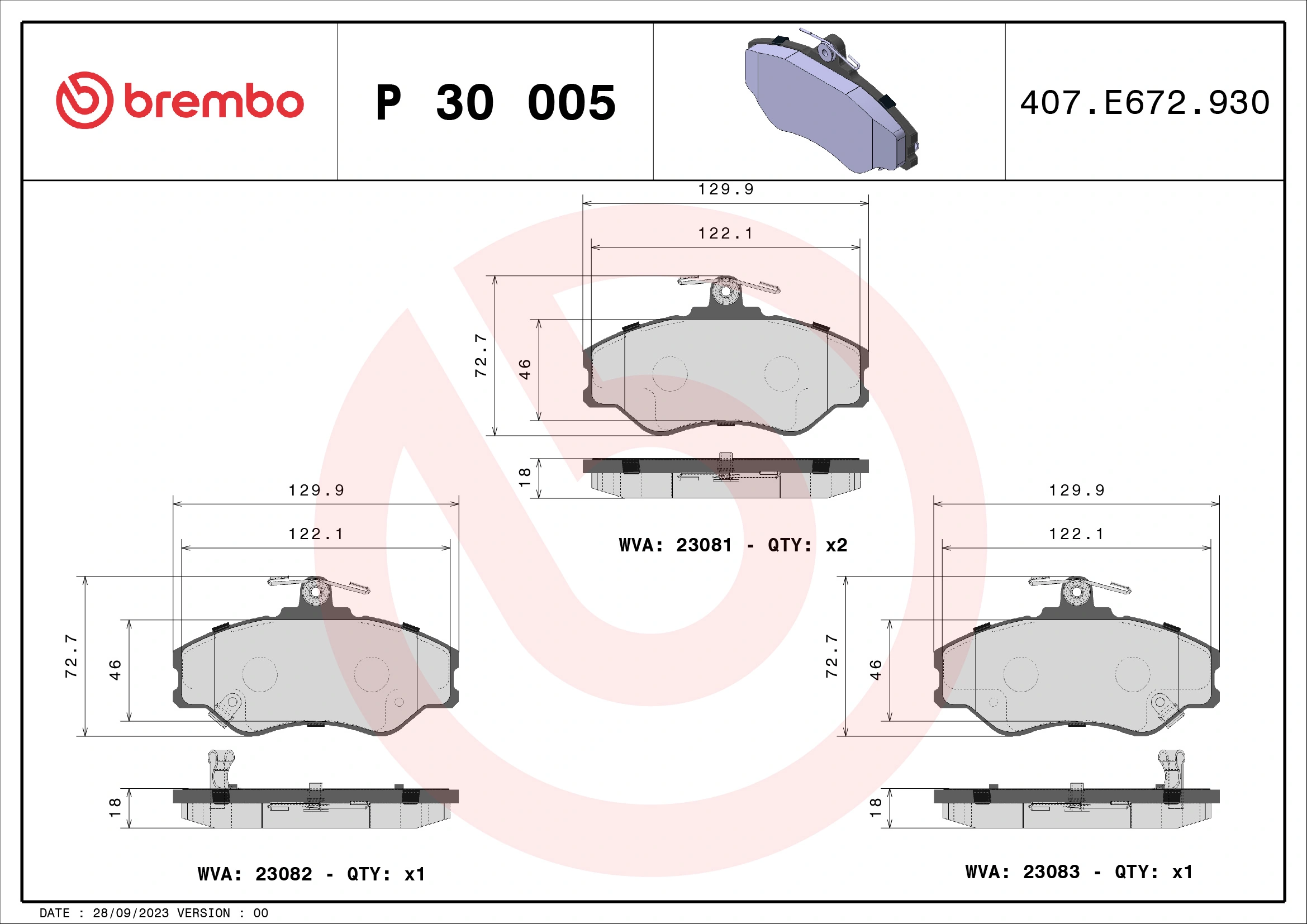Kit de plaquettes de frein, frein à disque BREMBO P 30 005