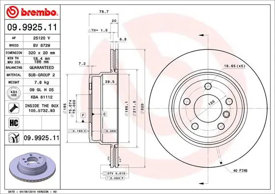 Disque de frein BREMBO 09.9925.11