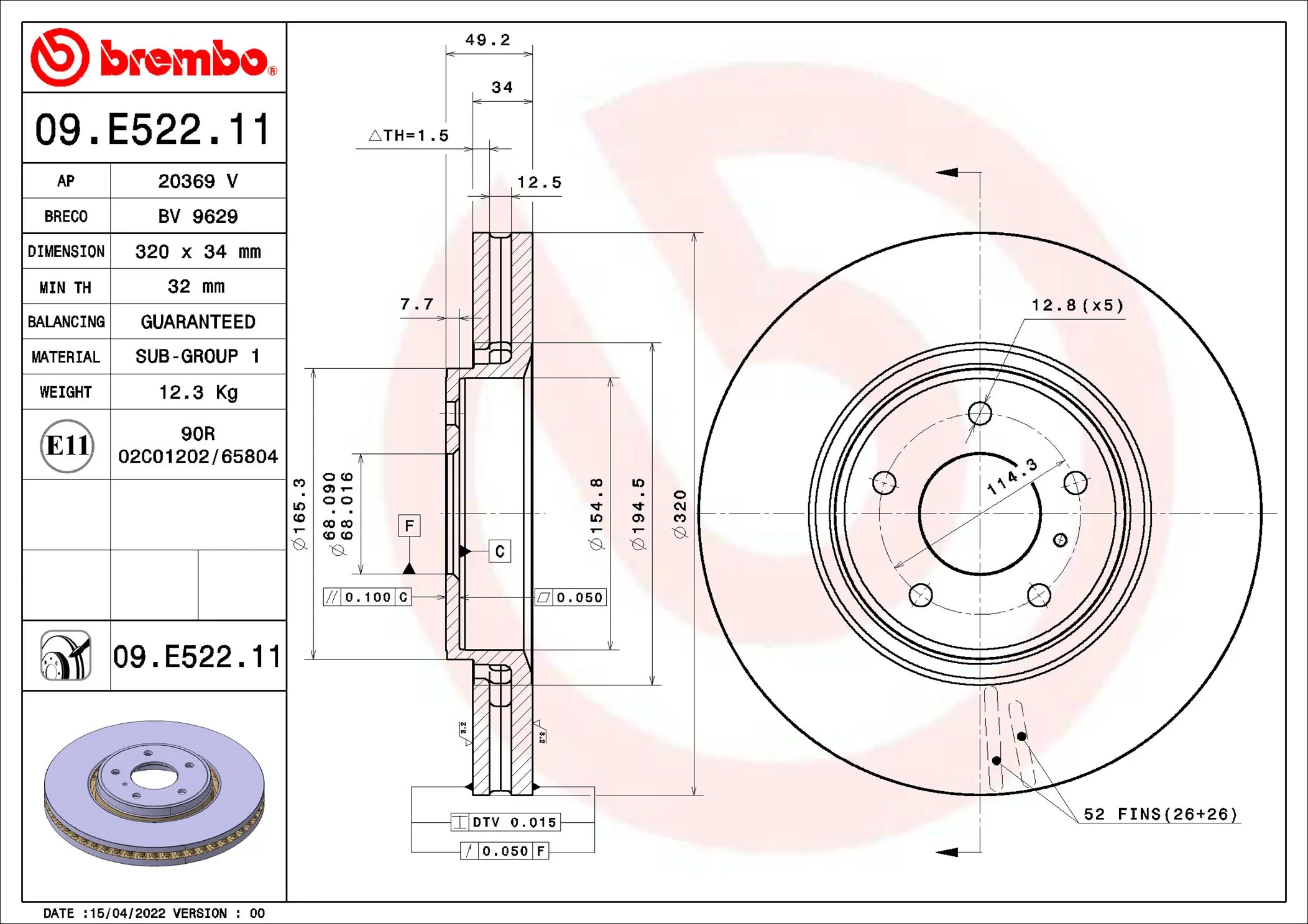 Disque de frein BREMBO 09.E522.11