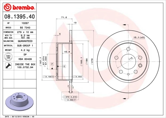 Disque de frein BREMBO 08.1395.40