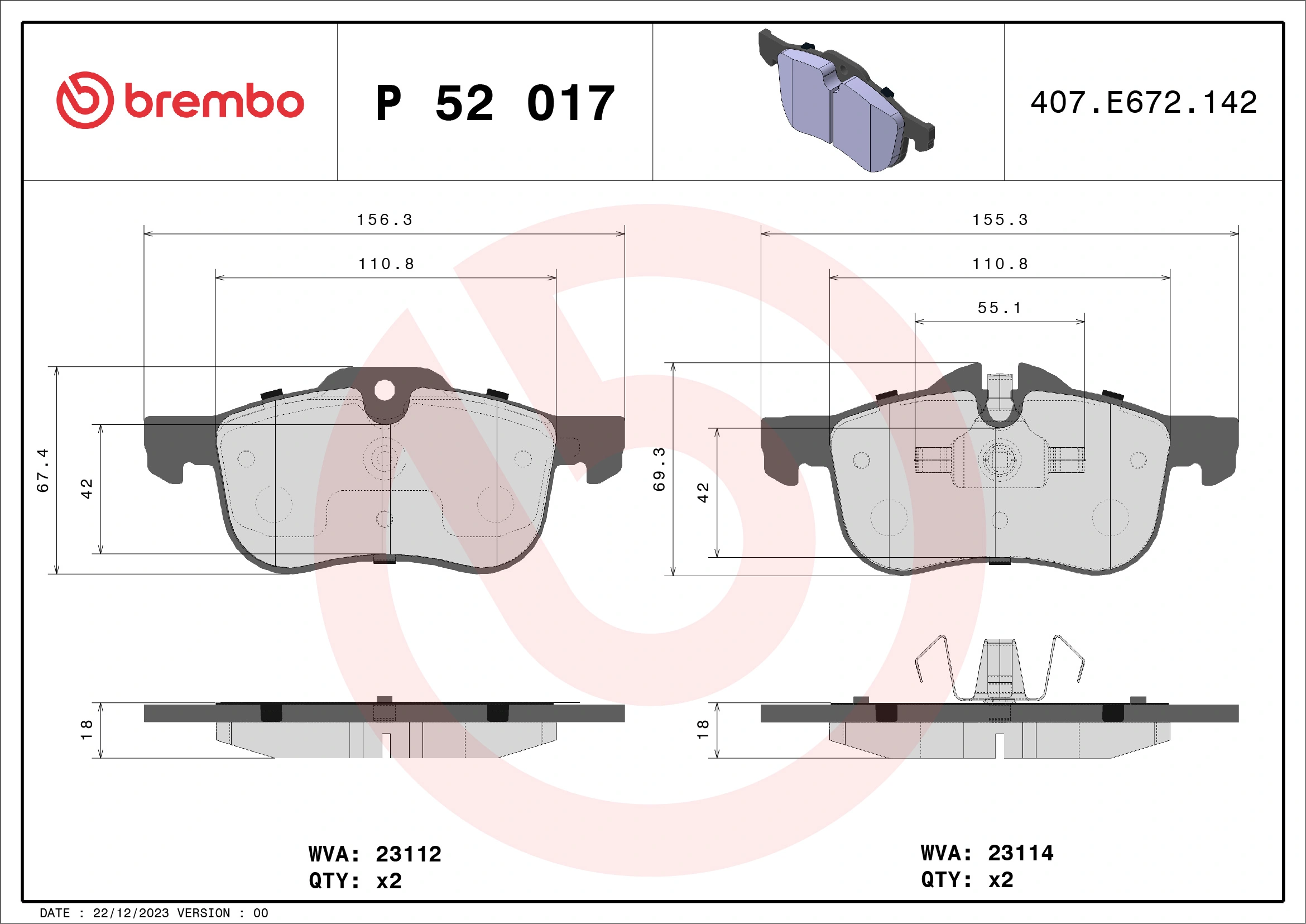 Kit de plaquettes de frein, frein à disque BREMBO P 52 017