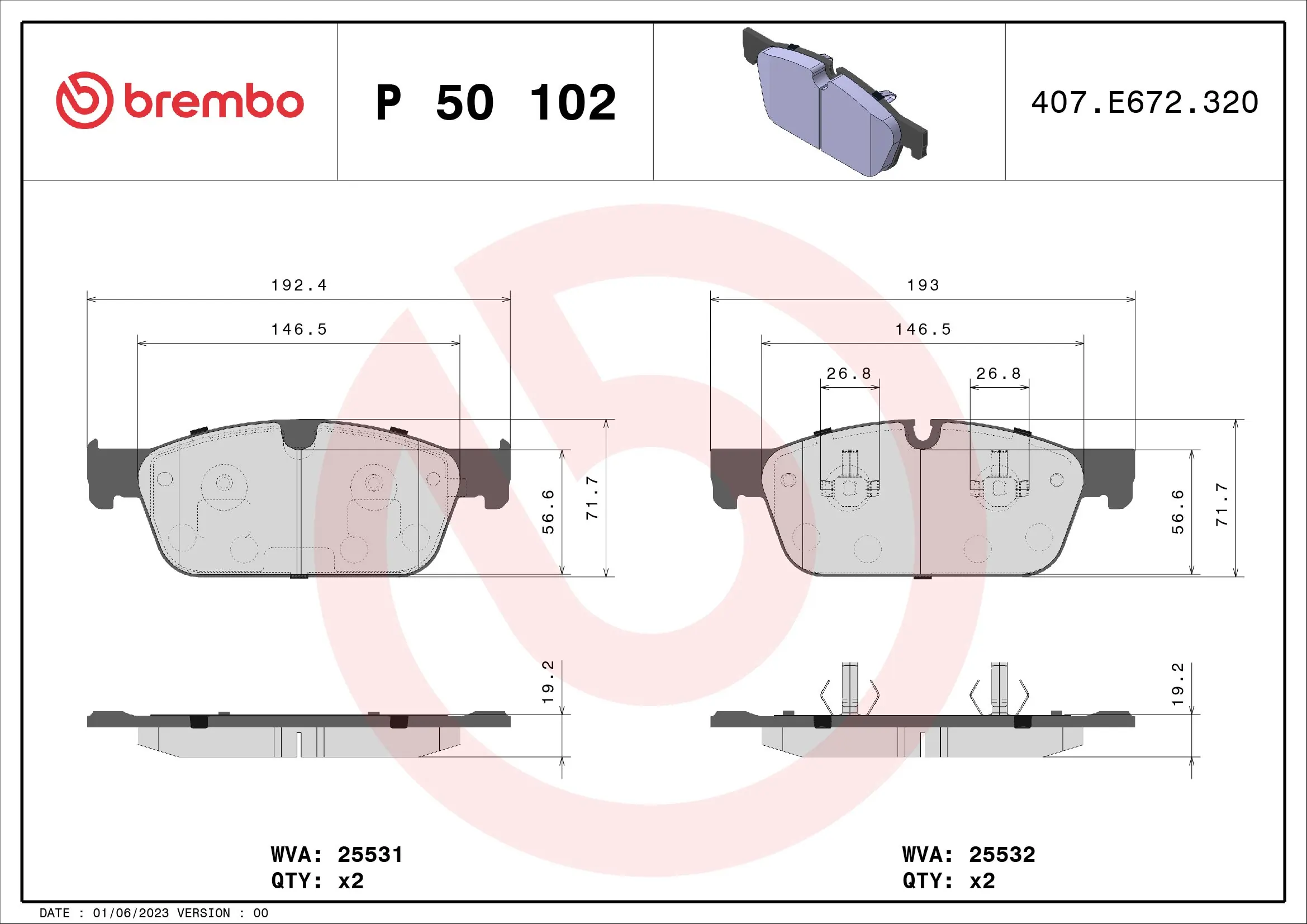 Kit de plaquettes de frein, frein à disque BREMBO P 50 102