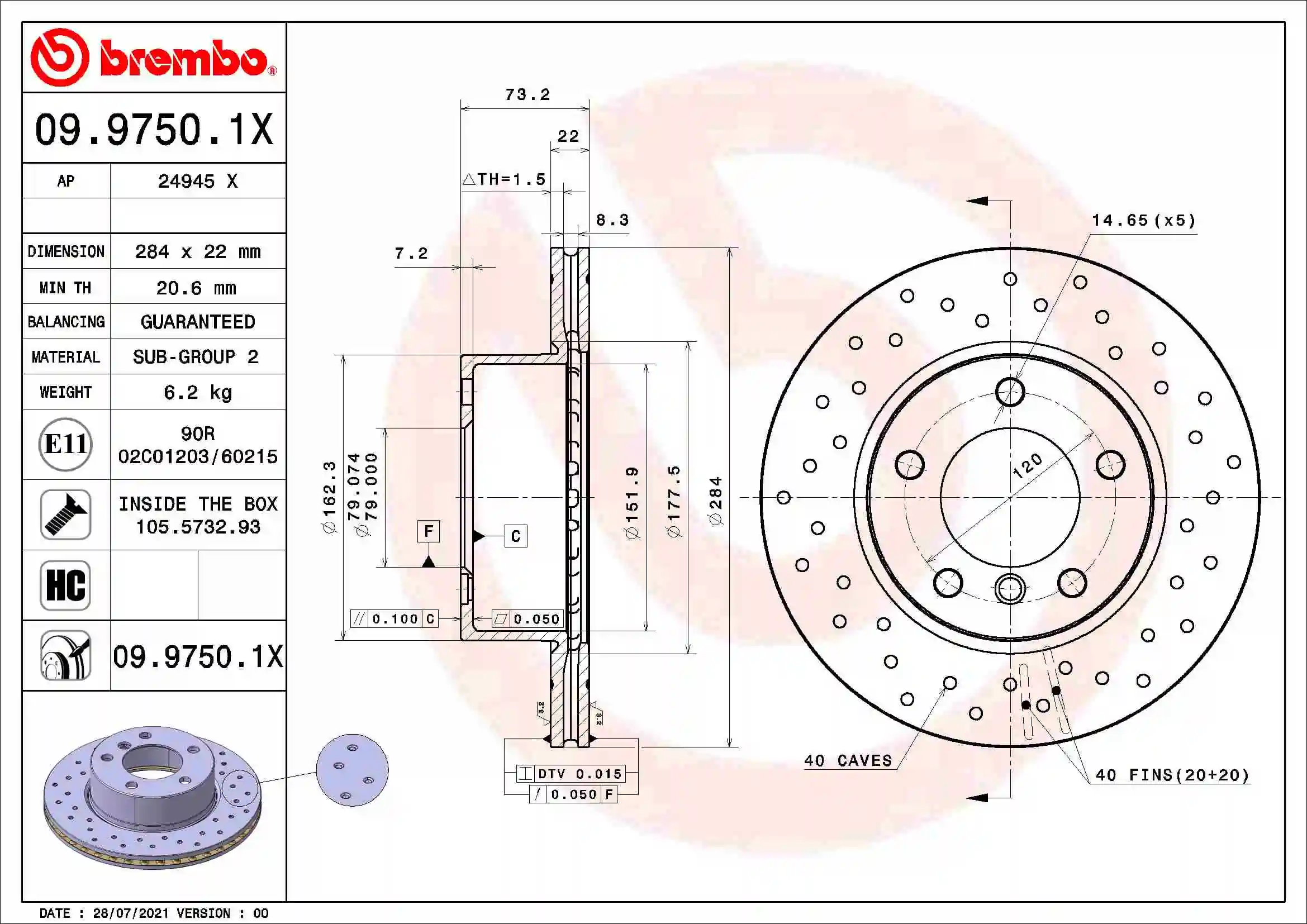 Disque de frein BREMBO 09.9750.1X