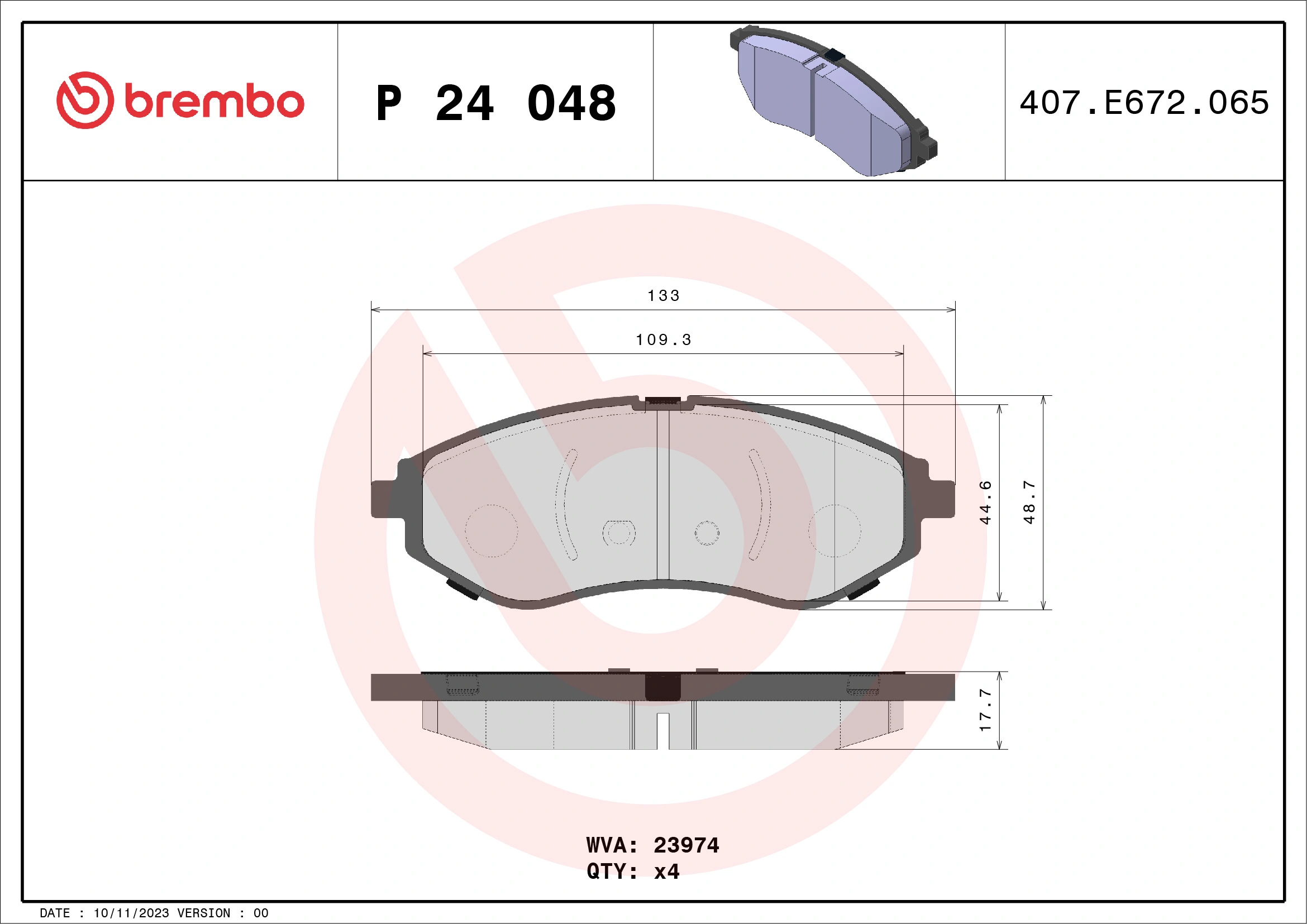 Kit de plaquettes de frein, frein à disque BREMBO P 24 048