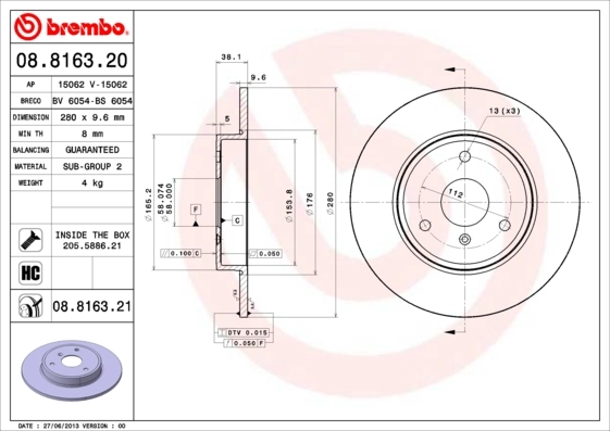 Disque de frein BREMBO 08.8163.21