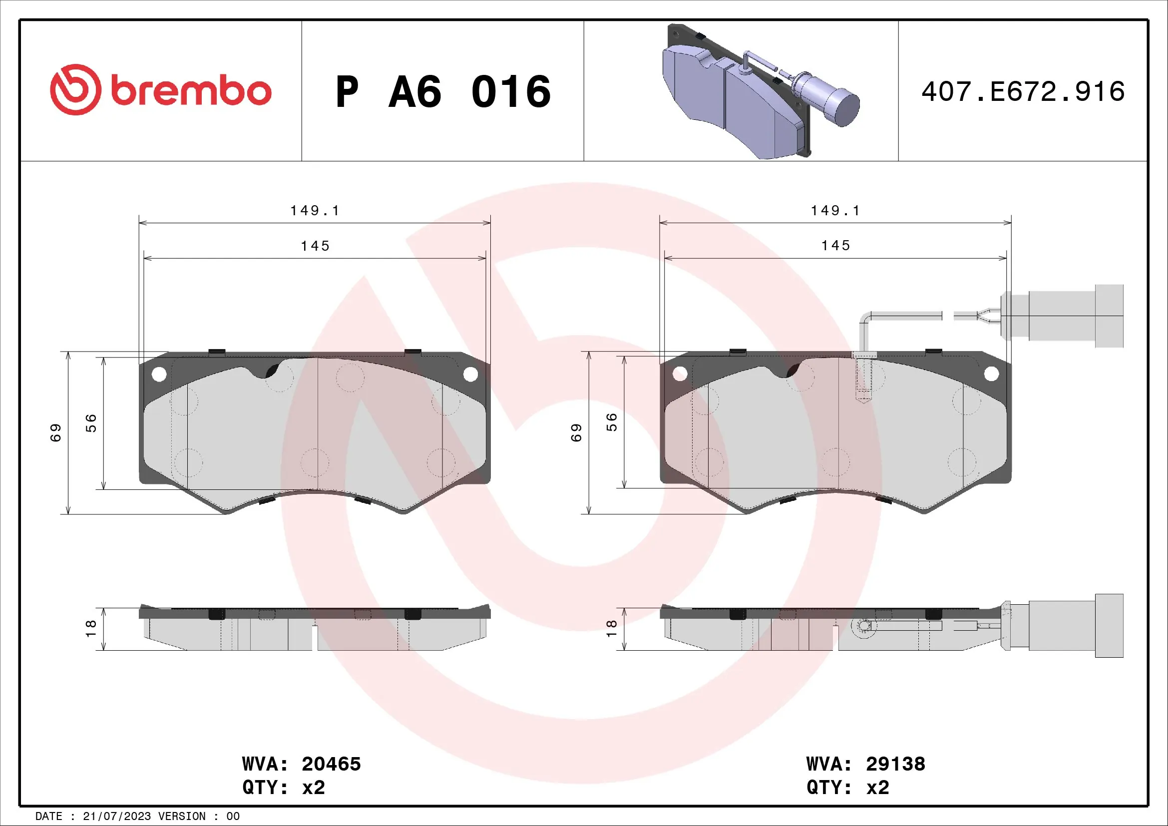 Kit de plaquettes de frein, frein à disque BREMBO P A6 016