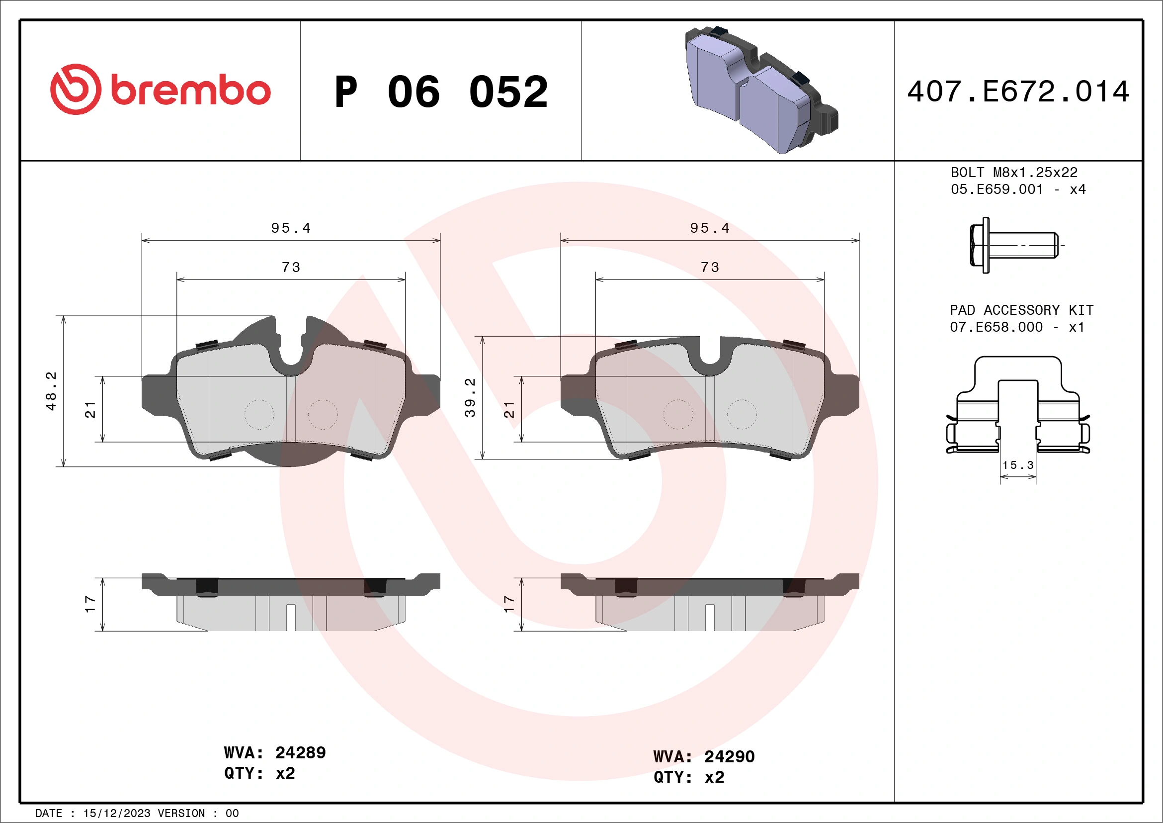 Kit de plaquettes de frein, frein à disque BREMBO P 06 052