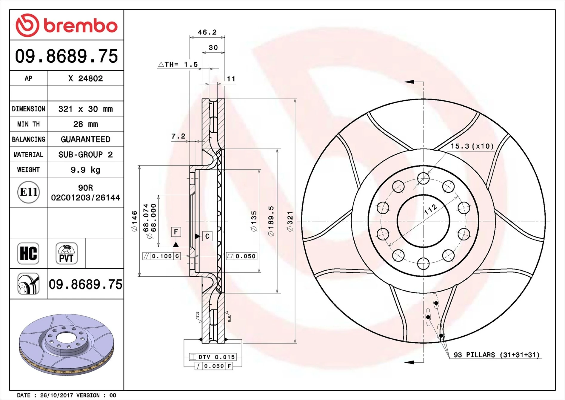Disque de frein BREMBO 09.8689.75
