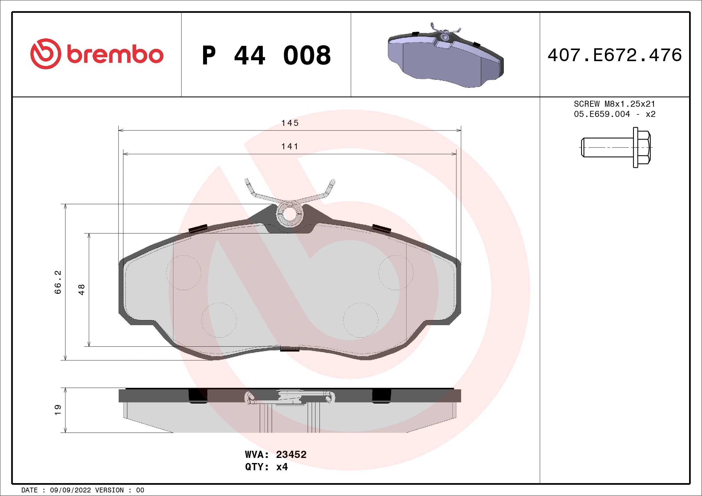 Kit de plaquettes de frein, frein à disque BREMBO P 44 008