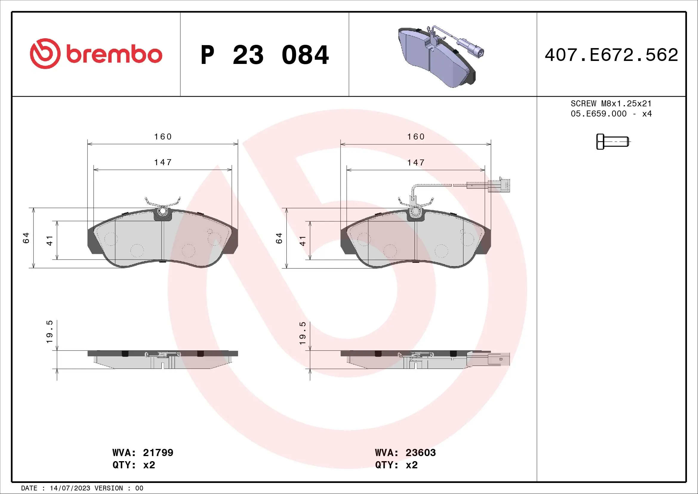 Kit de plaquettes de frein, frein à disque BREMBO P 23 084