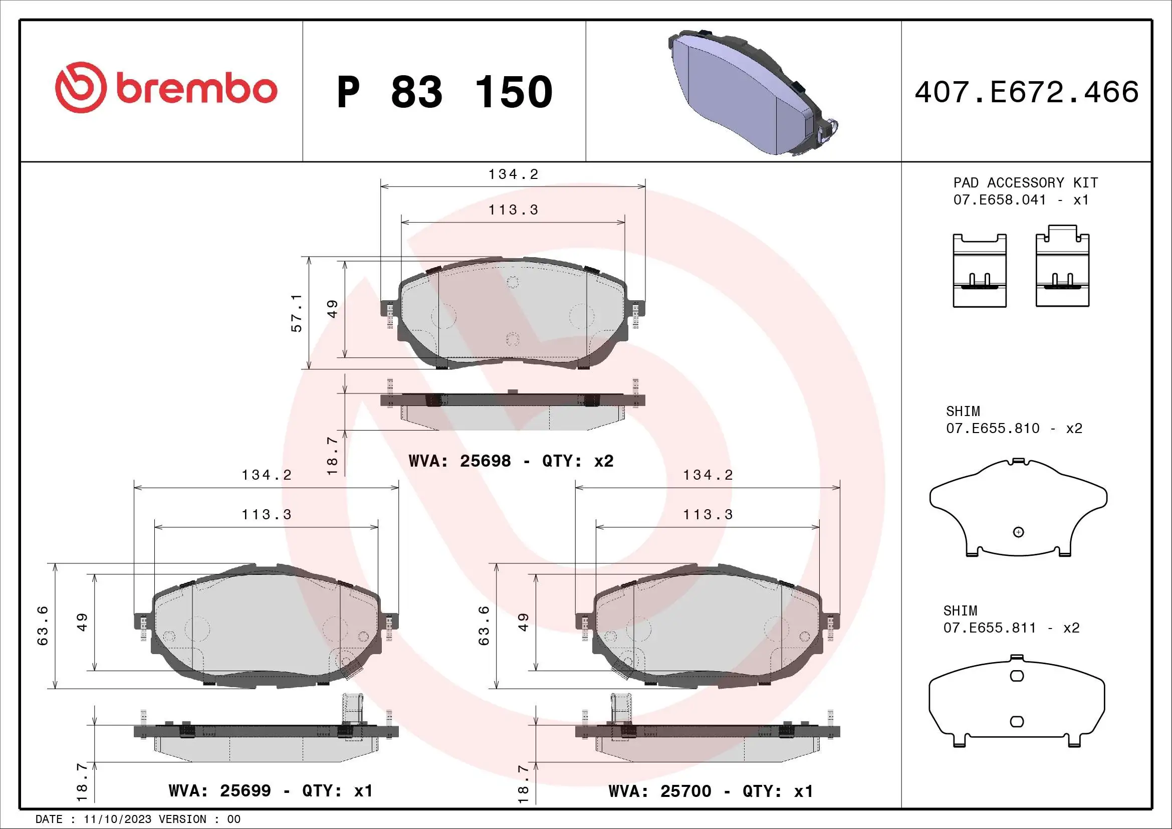 Kit de plaquettes de frein, frein à disque BREMBO P 83 150